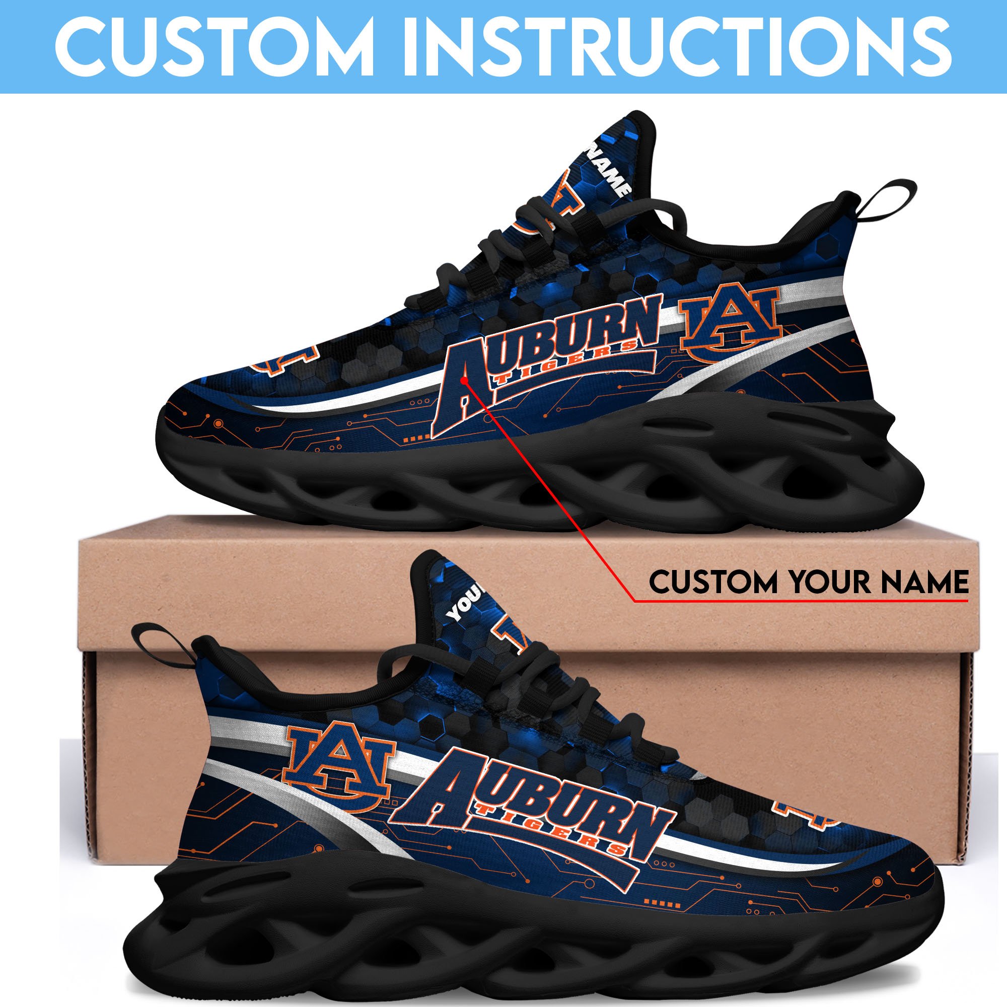 Auburn Tigers Black Clunky Sneakers Custom Name, Max Soul Shoes, Sport Gifts