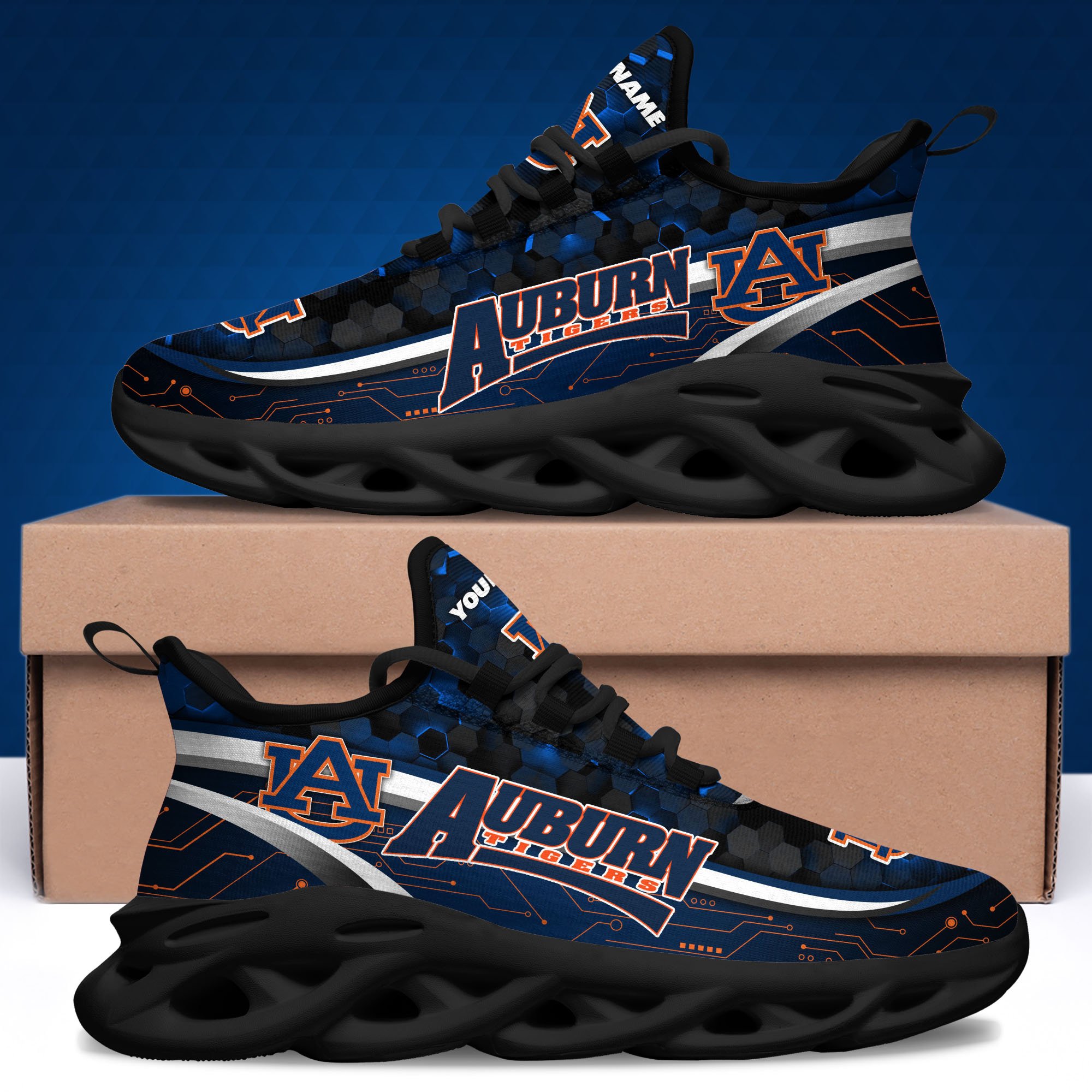Auburn Tigers Black Clunky Sneakers Custom Name, Max Soul Shoes, Sport Gifts