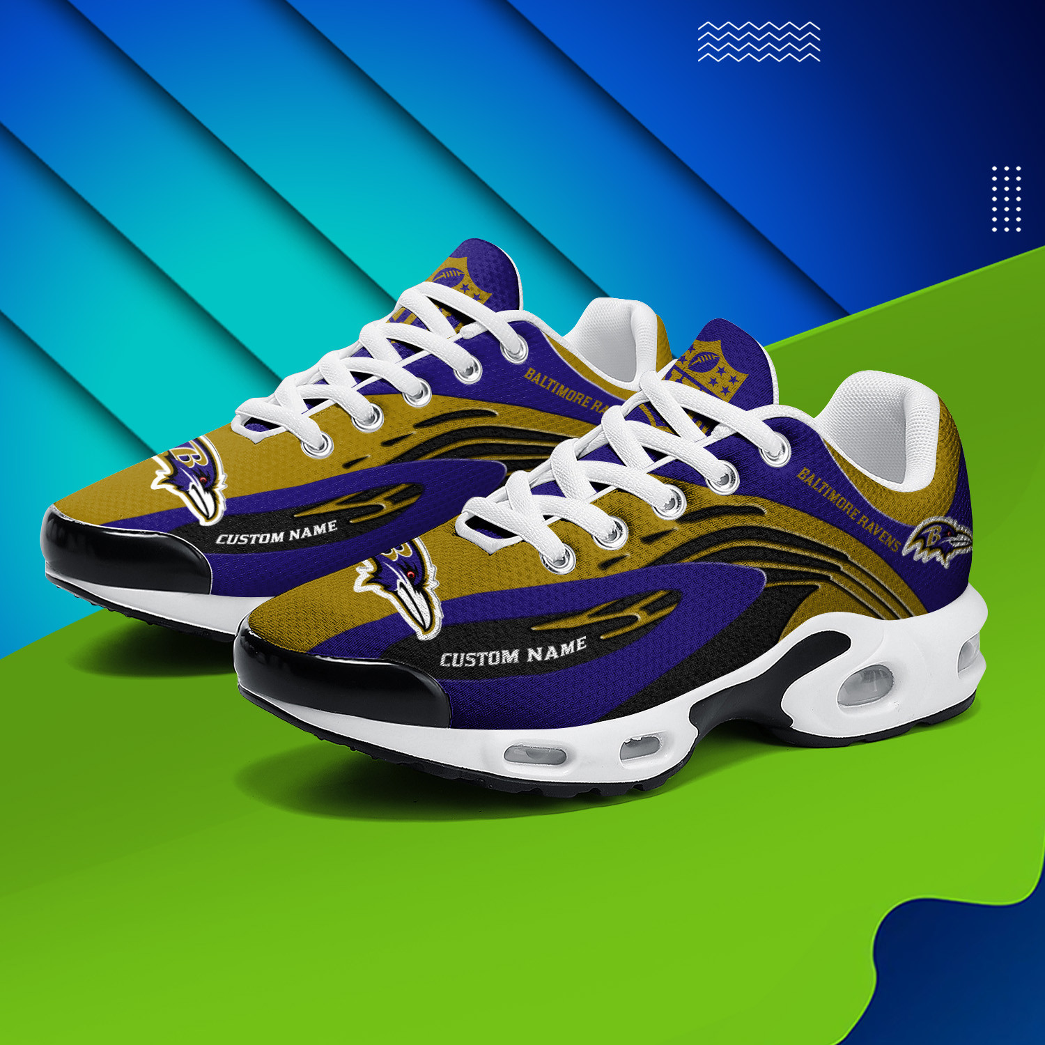 Baltimore Ravens Personalized Name Team Logo Mix Colors Wave Line TN Shoes Air Cushion Sneakers