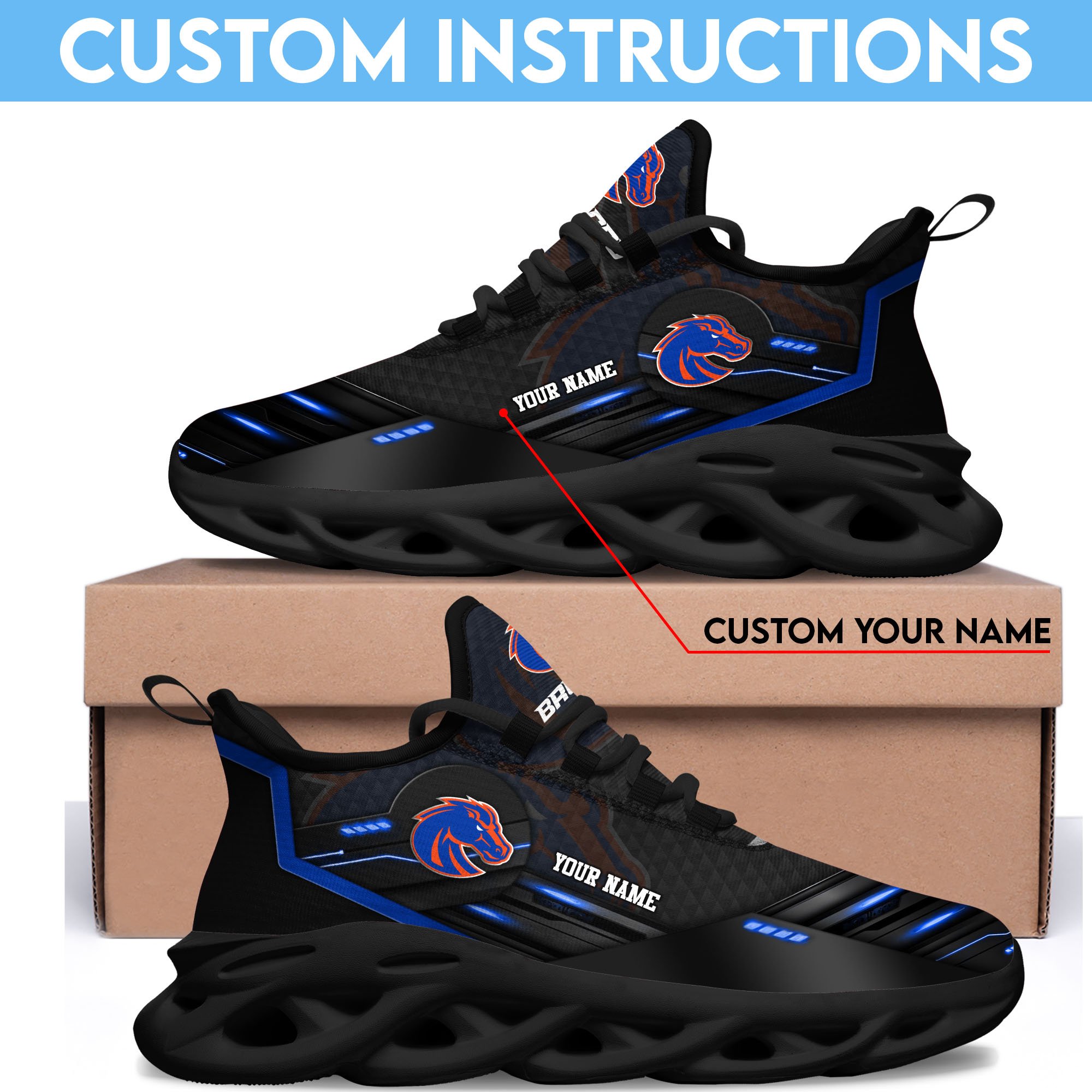 Boise State Broncos Black Clunky Sneaker Custom Name, Max Soul Shoes, Sport Gifts For Fan