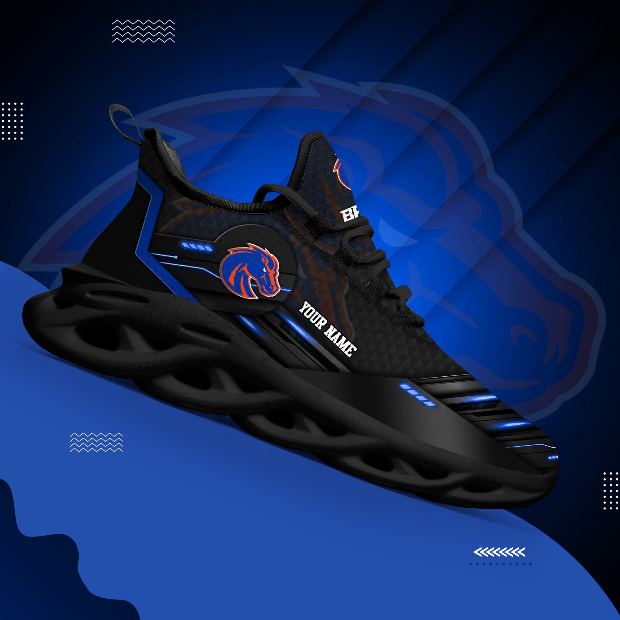 Boise State Broncos Black Clunky Sneaker Custom Name, Max Soul Shoes, Sport Gifts For Fan
