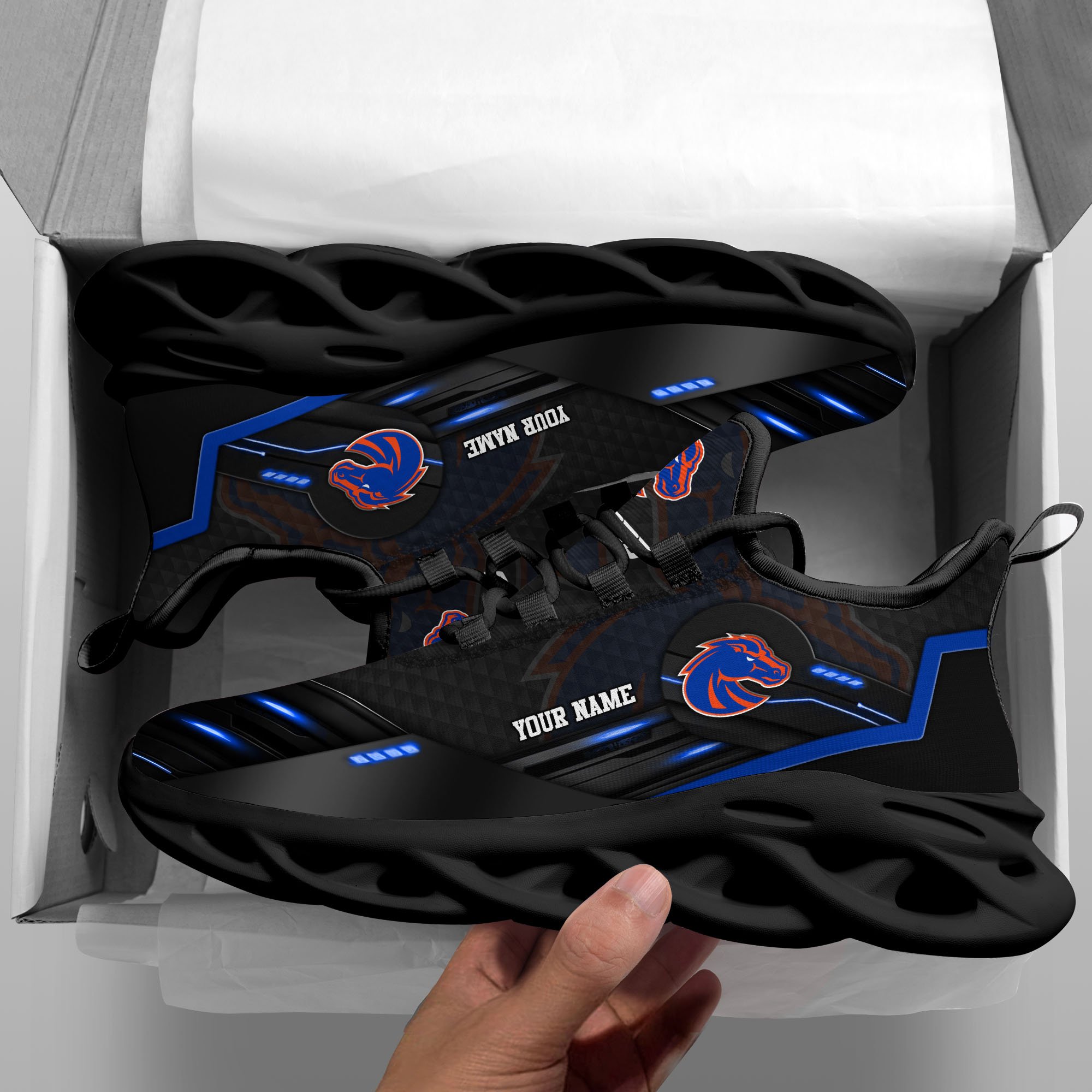 Boise State Broncos Black Clunky Sneaker Custom Name, Max Soul Shoes, Sport Gifts For Fan