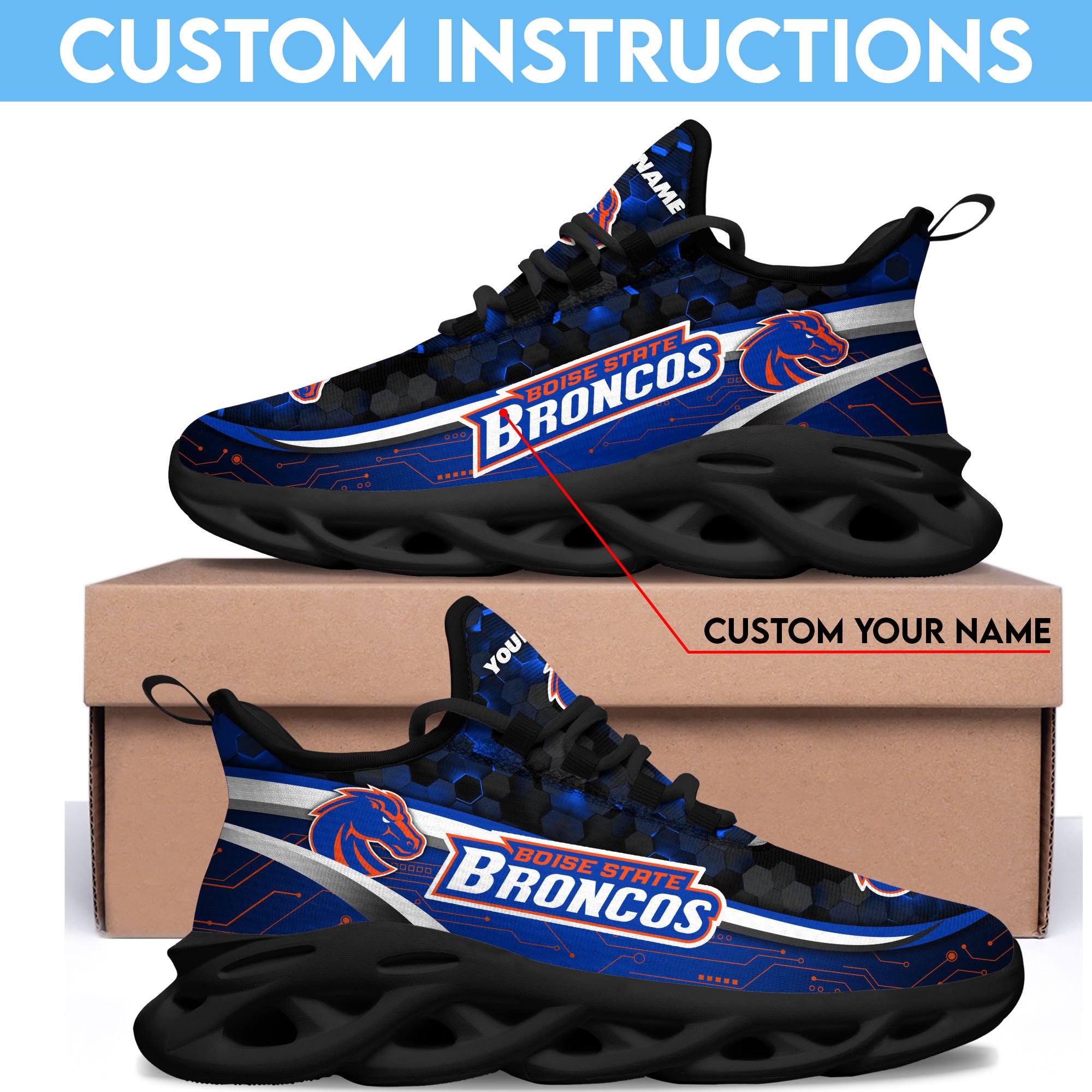 Boise State Broncos Black Clunky Sneakers Custom Name, Max Soul Shoes, Sport Gifts