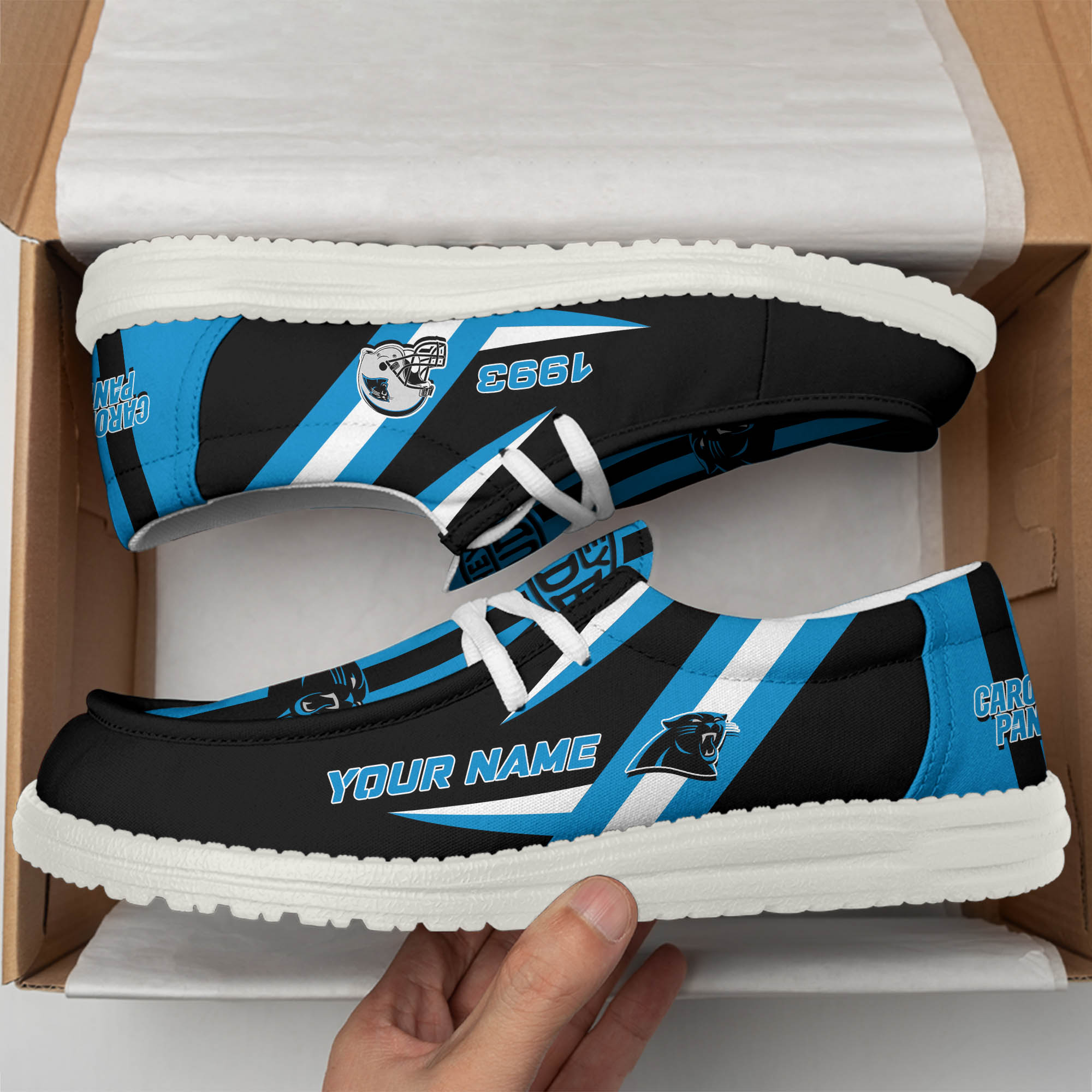 Carolina Panthers Team White Canvas Loafer Shoes Personalized Your Name