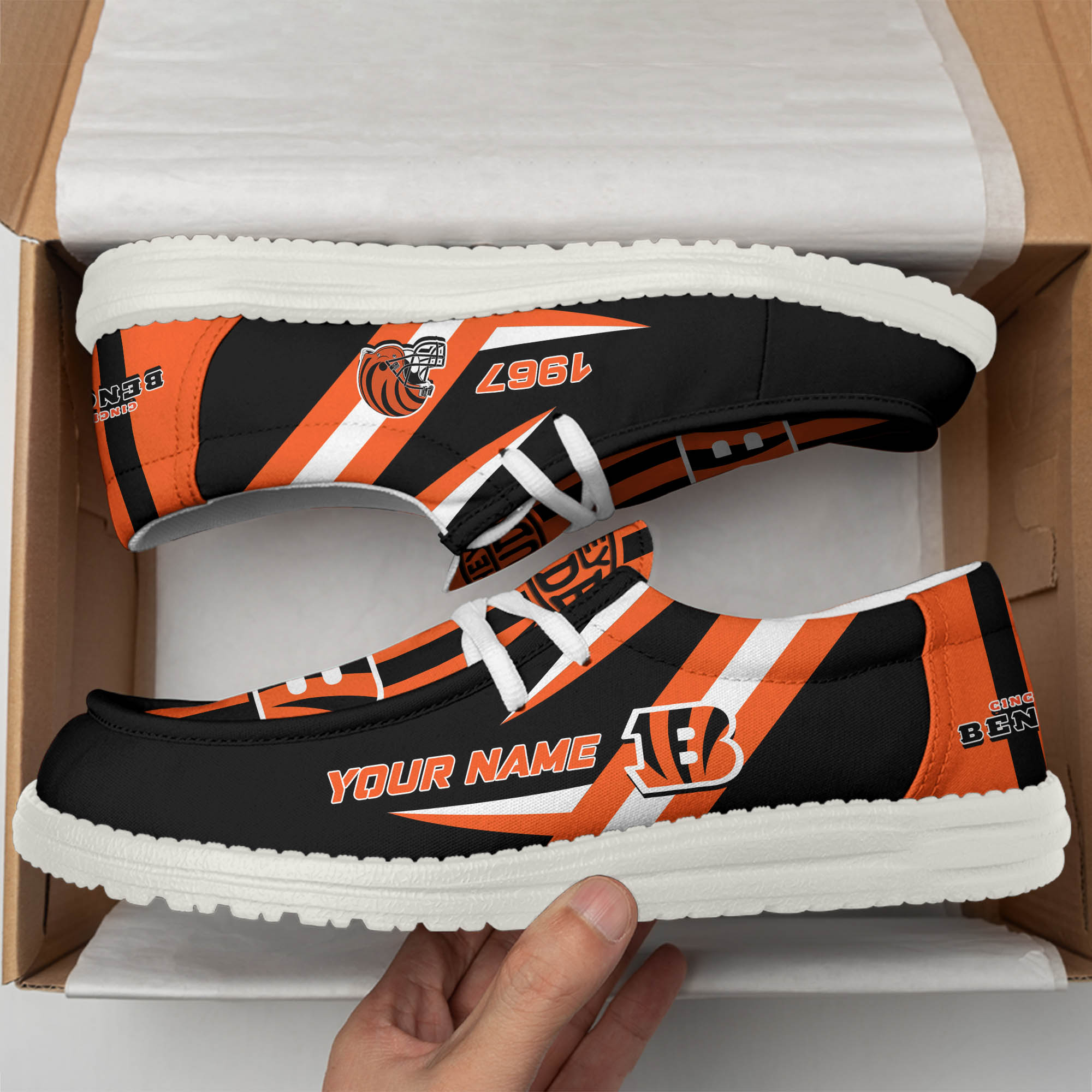 Cincinnati Bengals Team White Canvas Loafer Shoes Personalized Your Name