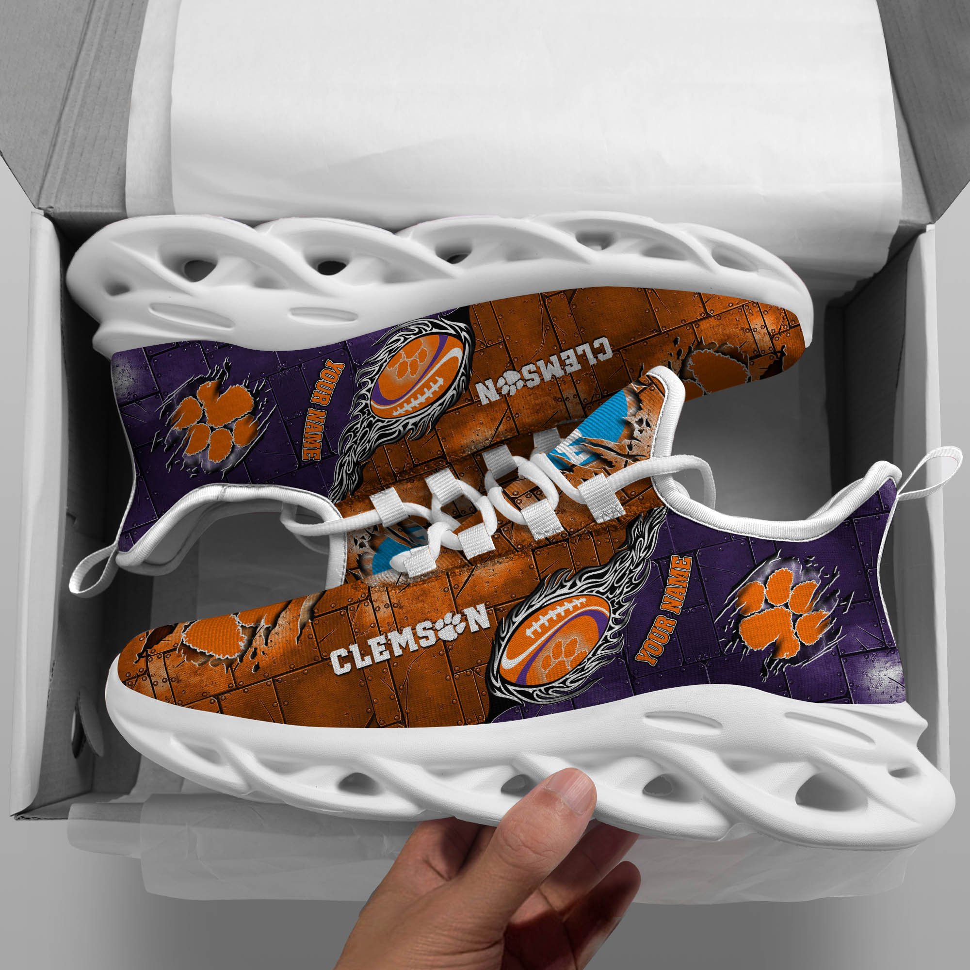 Clemson Tigers Black Max Soul Shoes 2026 Versions, White Max Soul Shoes Custom Your Name PH879