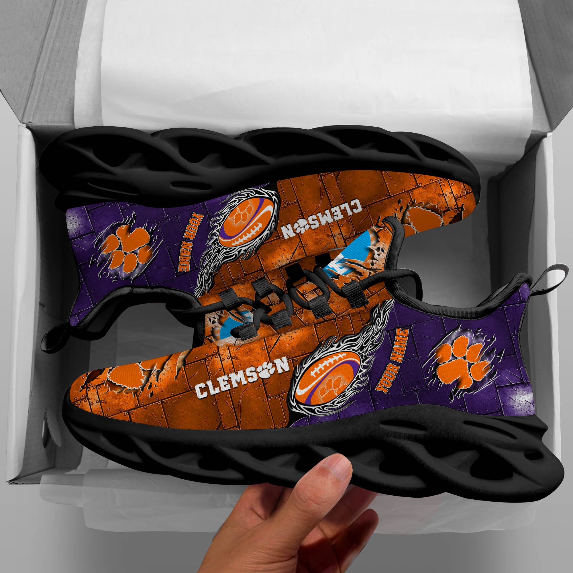 Clemson Tigers Black Max Soul Shoes 2026 Versions, White Max Soul Shoes Custom Your Name PH879