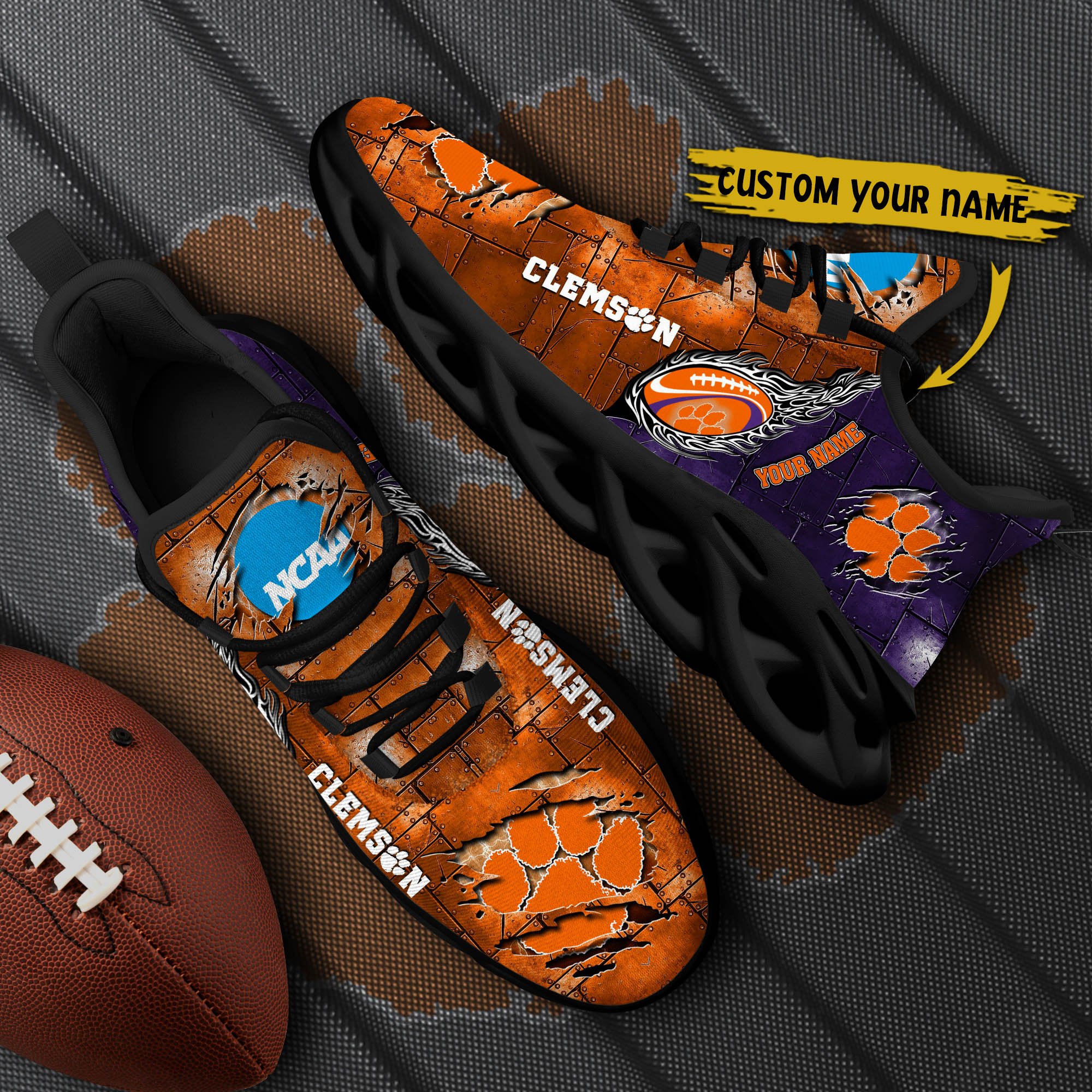Clemson Tigers Black Max Soul Shoes 2026 Versions, White Max Soul Shoes Custom Your Name PH879