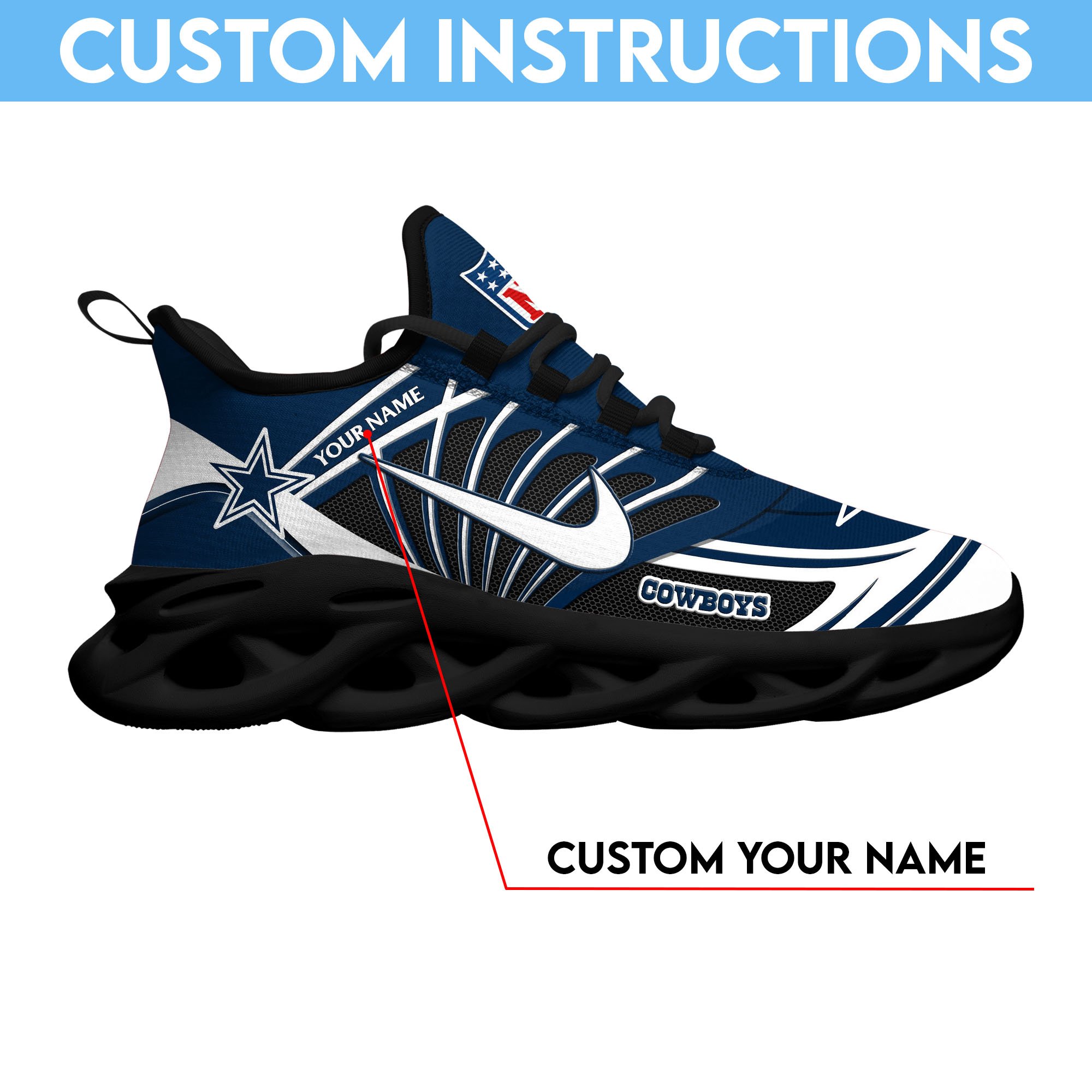 Dallas Cowboys Black Max Soul Shoes 2026 Versions Custom Name 898