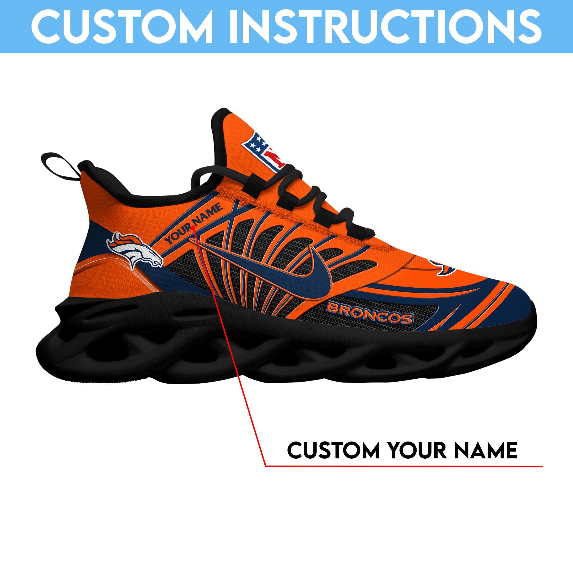 Denver Broncos Black Max Soul Shoes 2026 Versions Custom Name 898