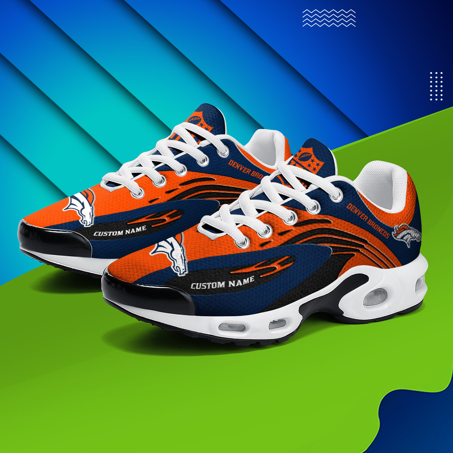 Denver Broncos Personalized Name Team Logo Mix Colors Wave Line TN Shoes Air Cushion Sneakers