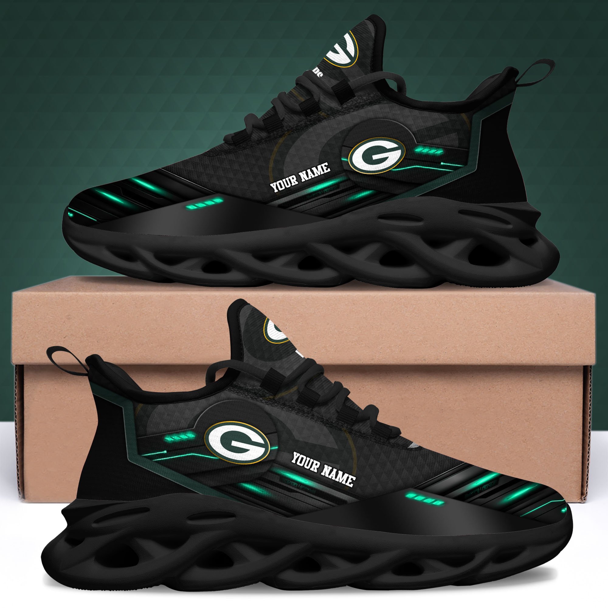 Green Bay Packers Black Clunky Sneaker Custom Name, Max Soul Shoes, Sport Gifts For Fan