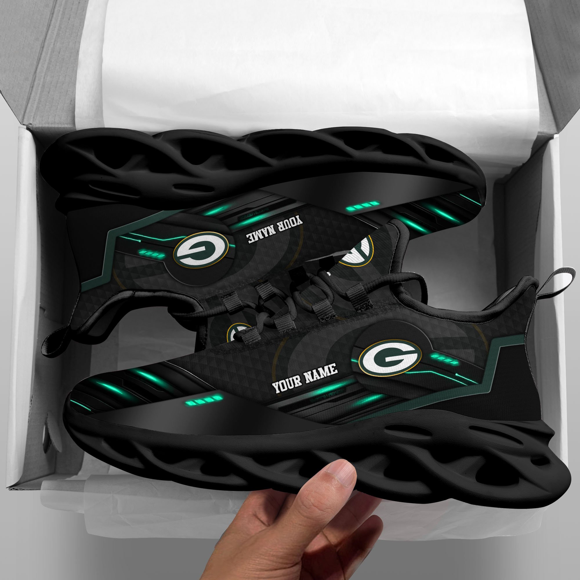 Green Bay Packers Black Clunky Sneaker Custom Name, Max Soul Shoes, Sport Gifts For Fan