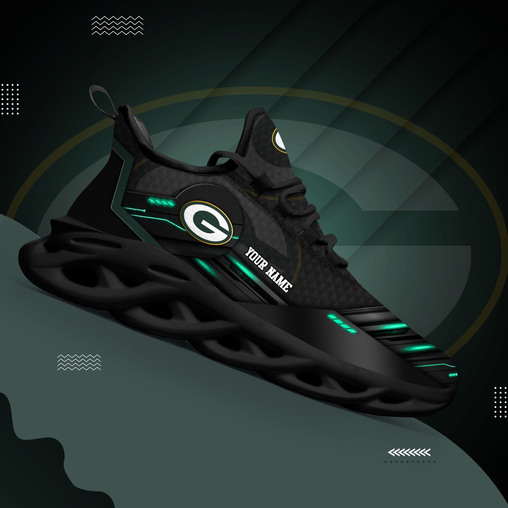 Green Bay Packers Black Clunky Sneaker Custom Name, Max Soul Shoes, Sport Gifts For Fan