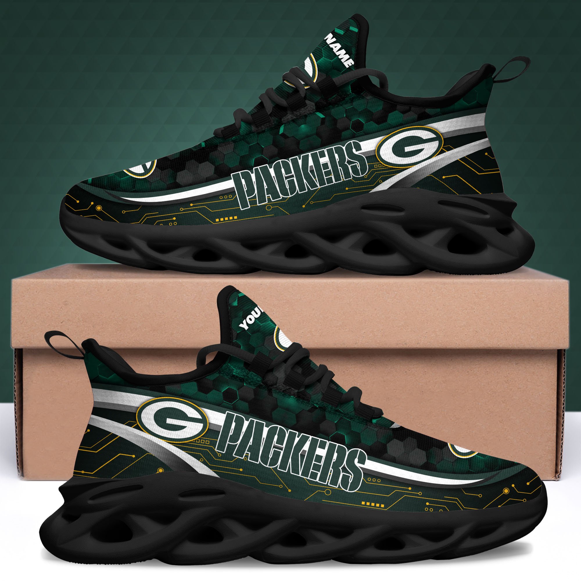 Green Bay Packers Black Clunky Sneakers Custom Name, Max Soul Shoes, Sport Gifts