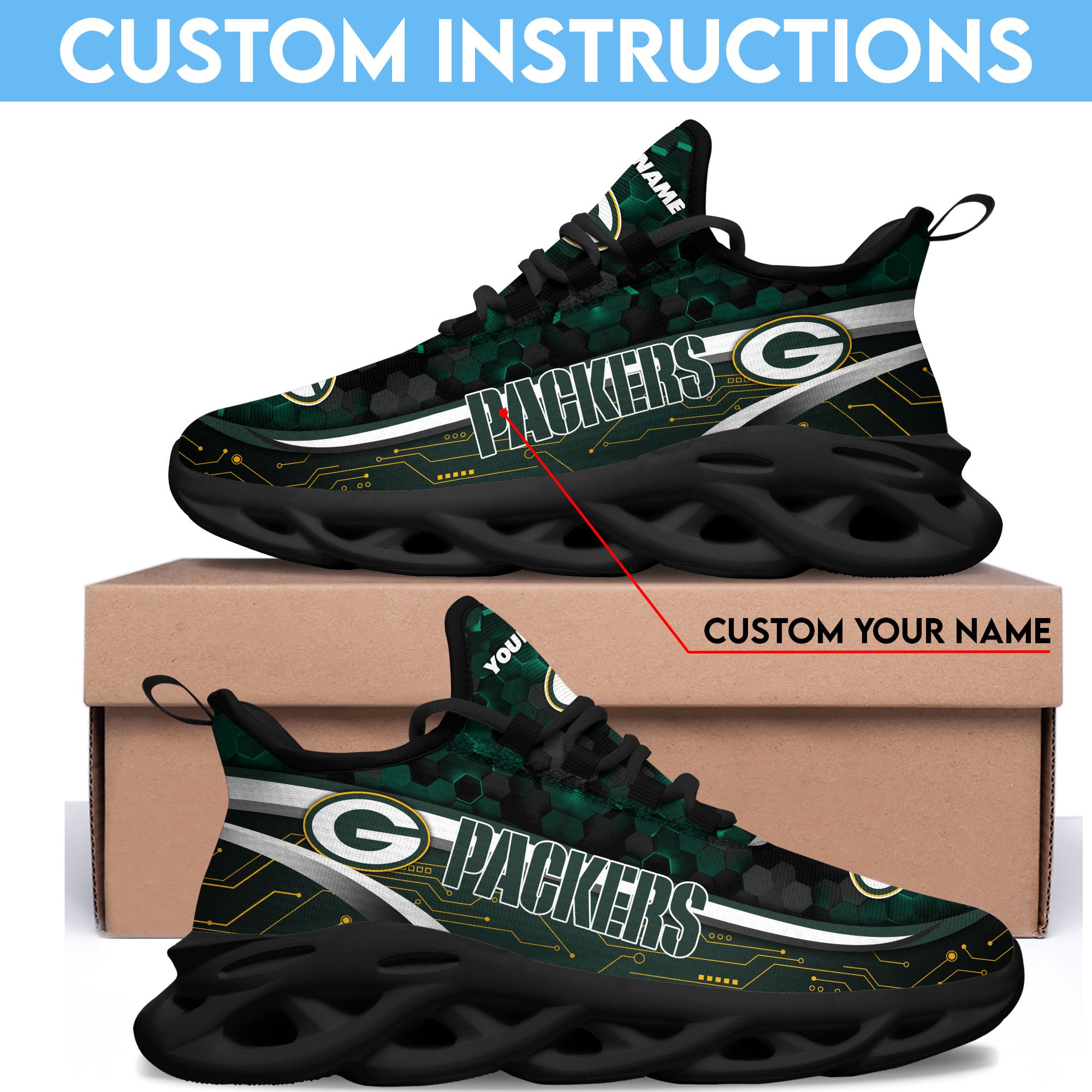 Green Bay Packers Black Clunky Sneakers Custom Name, Max Soul Shoes, Sport Gifts