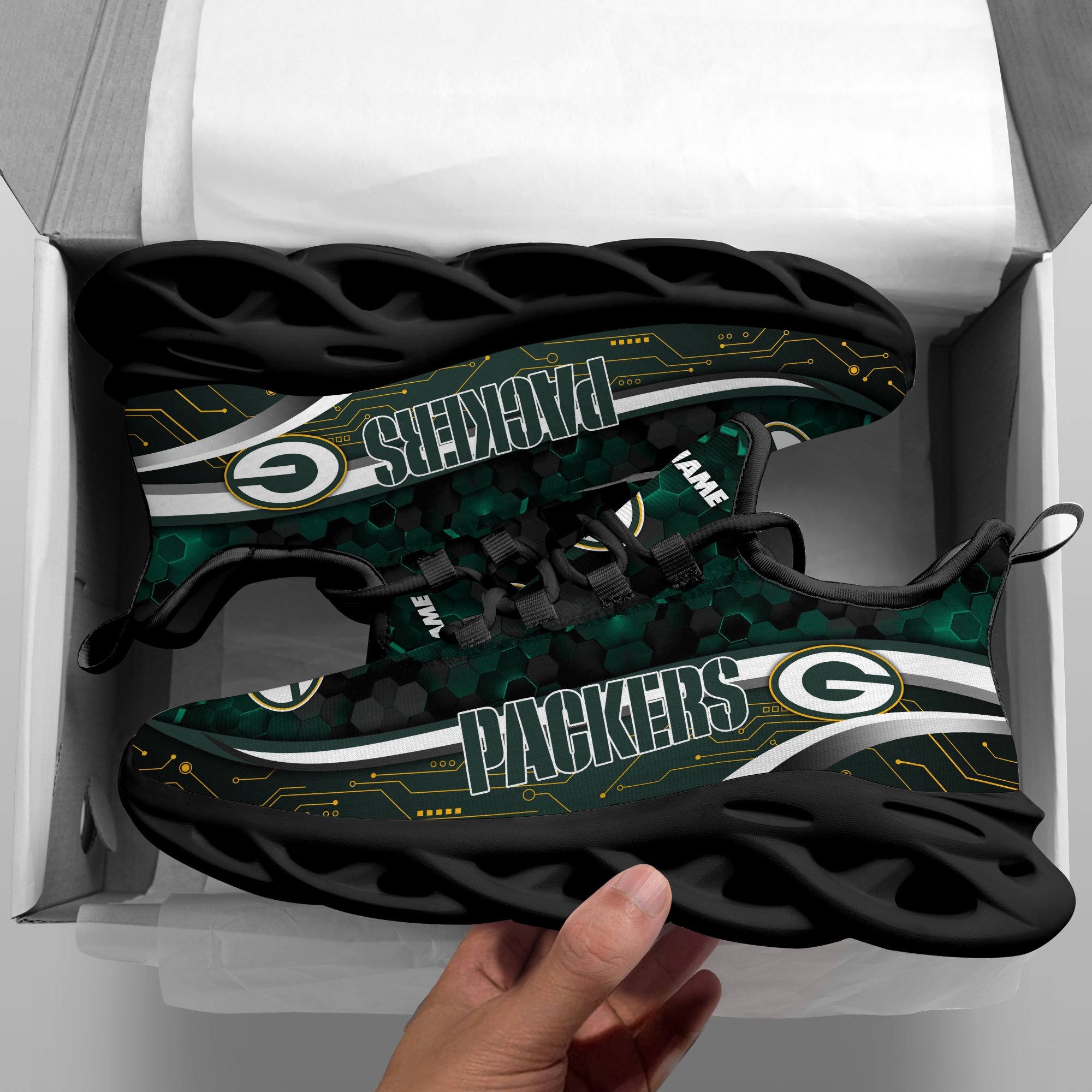 Green Bay Packers Black Clunky Sneakers Custom Name, Max Soul Shoes, Sport Gifts