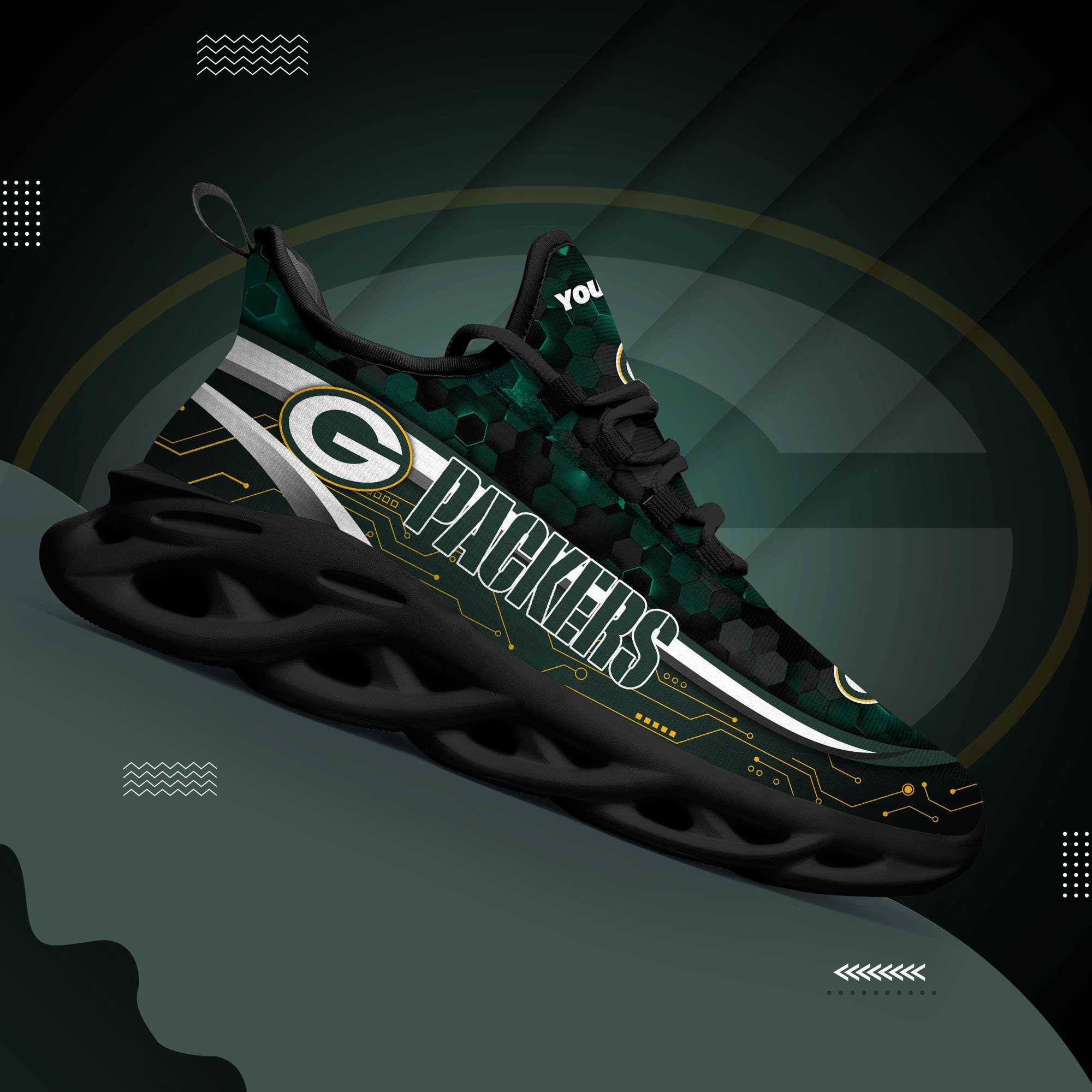 Green Bay Packers Black Clunky Sneakers Custom Name, Max Soul Shoes, Sport Gifts