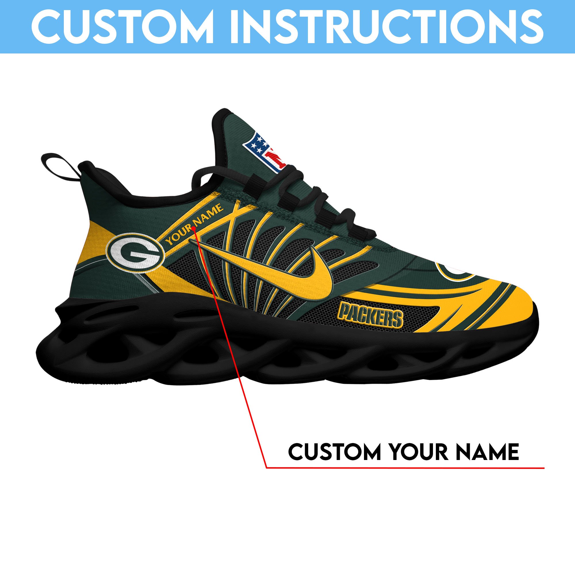 Green Bay Packers Black Max Soul Shoes 2026 Versions Custom Name 898