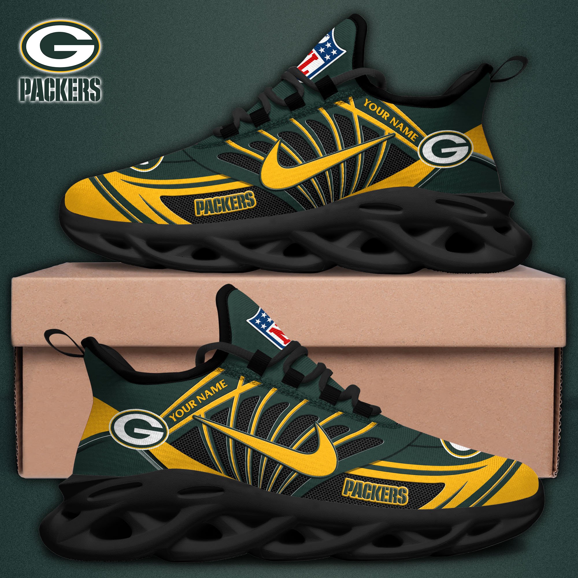 Green Bay Packers Black Max Soul Shoes 2026 Versions Custom Name 898