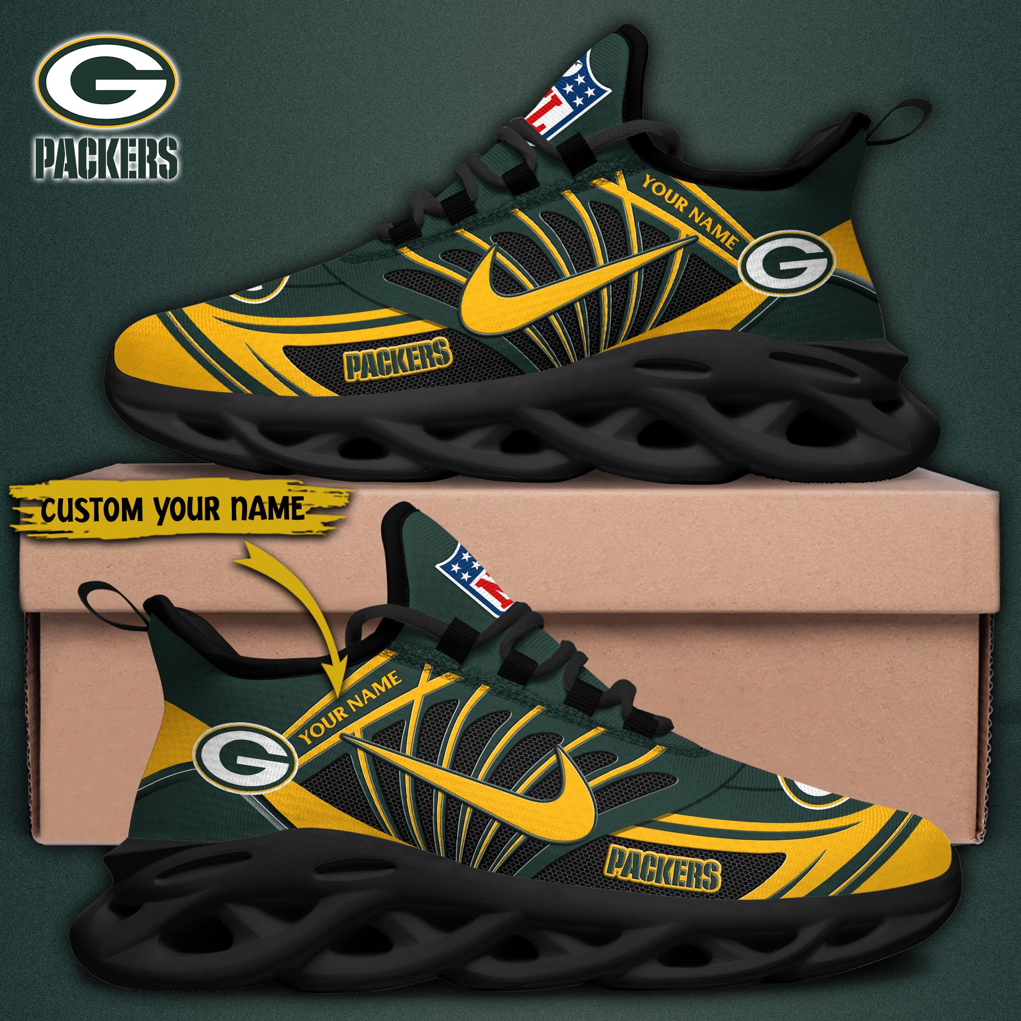 Green Bay Packers Black Max Soul Shoes 2026 Versions Custom Name 898