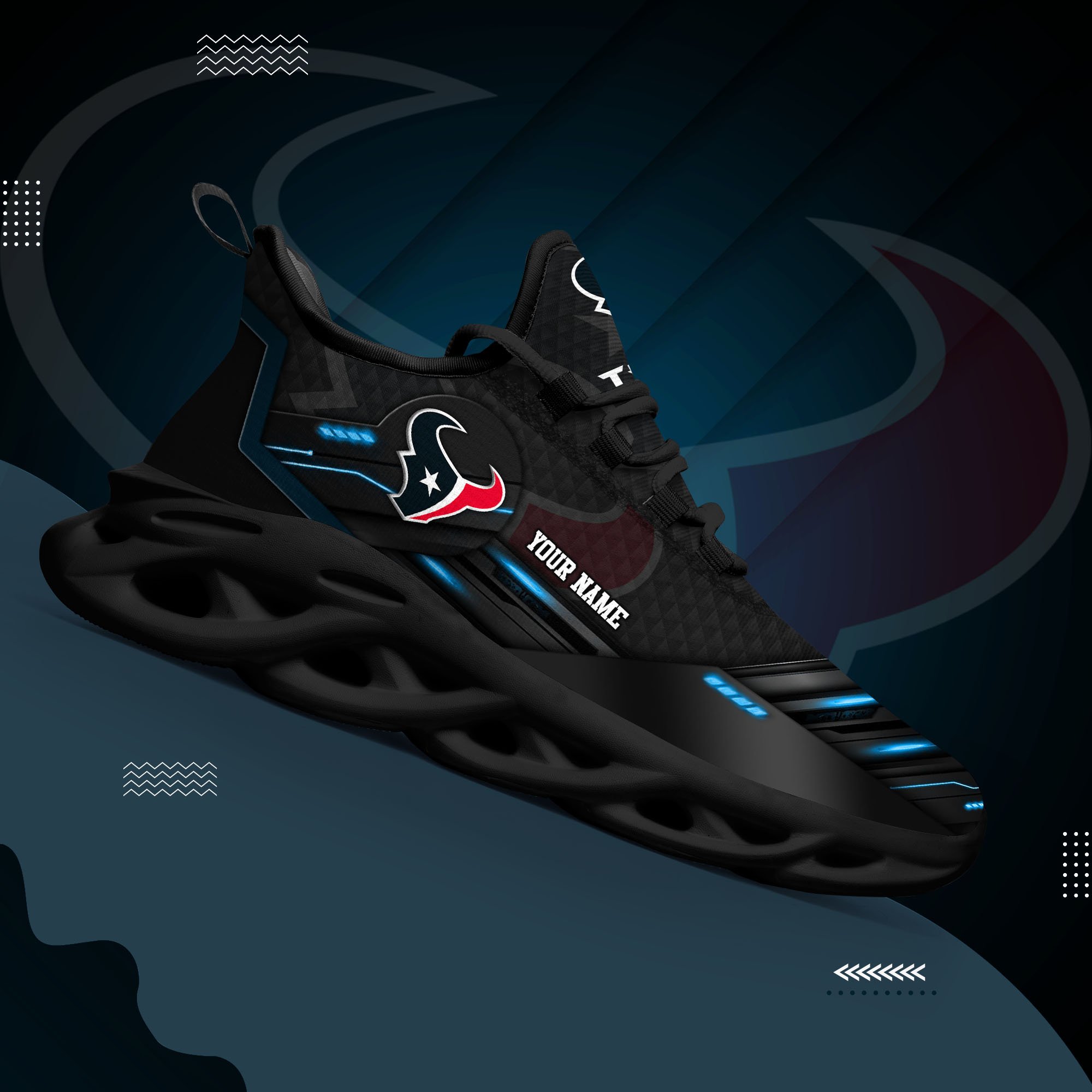 Houston Texans Black Clunky Sneaker Custom Name, Max Soul Shoes, Sport Gifts For Fan