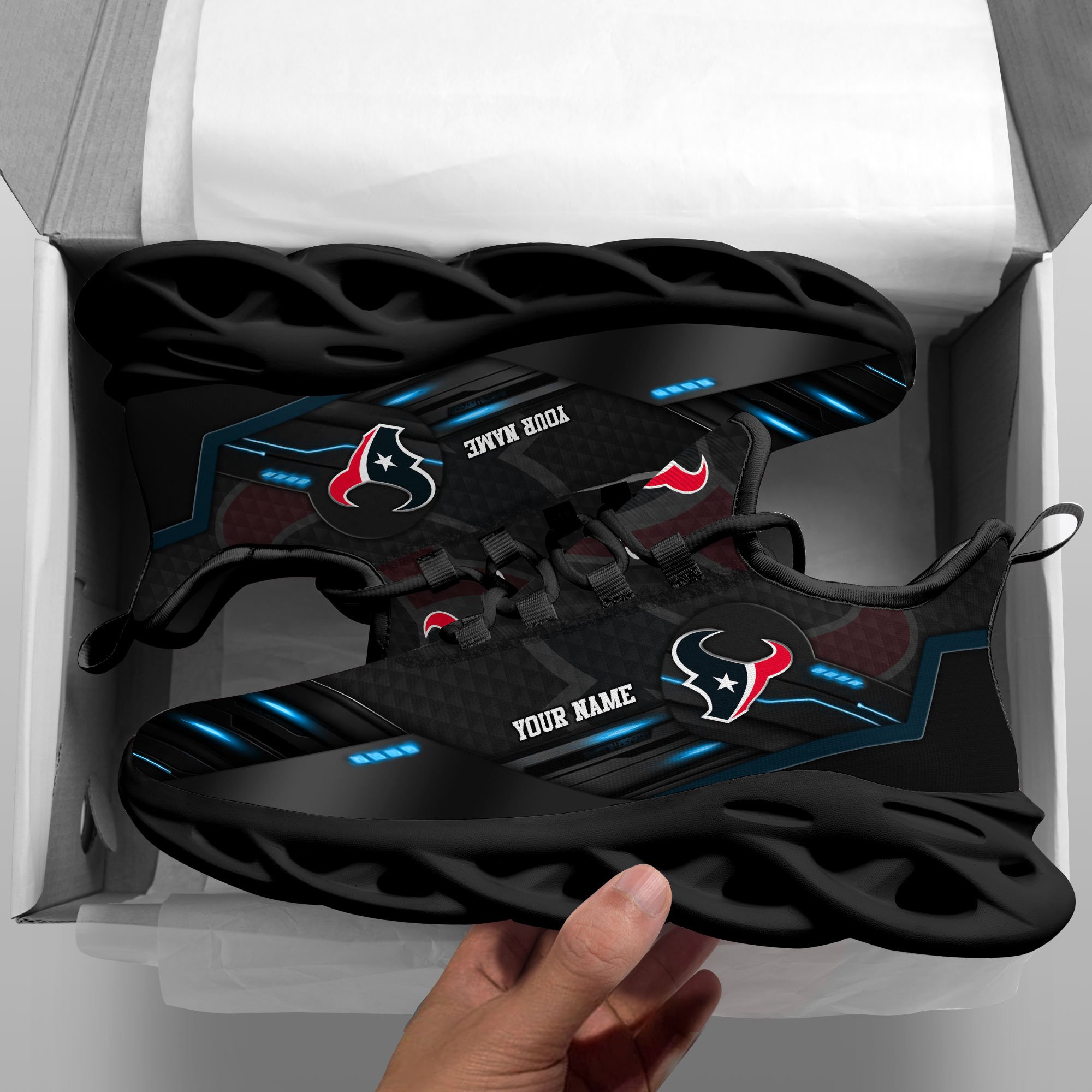 Houston Texans Black Clunky Sneaker Custom Name, Max Soul Shoes, Sport Gifts For Fan