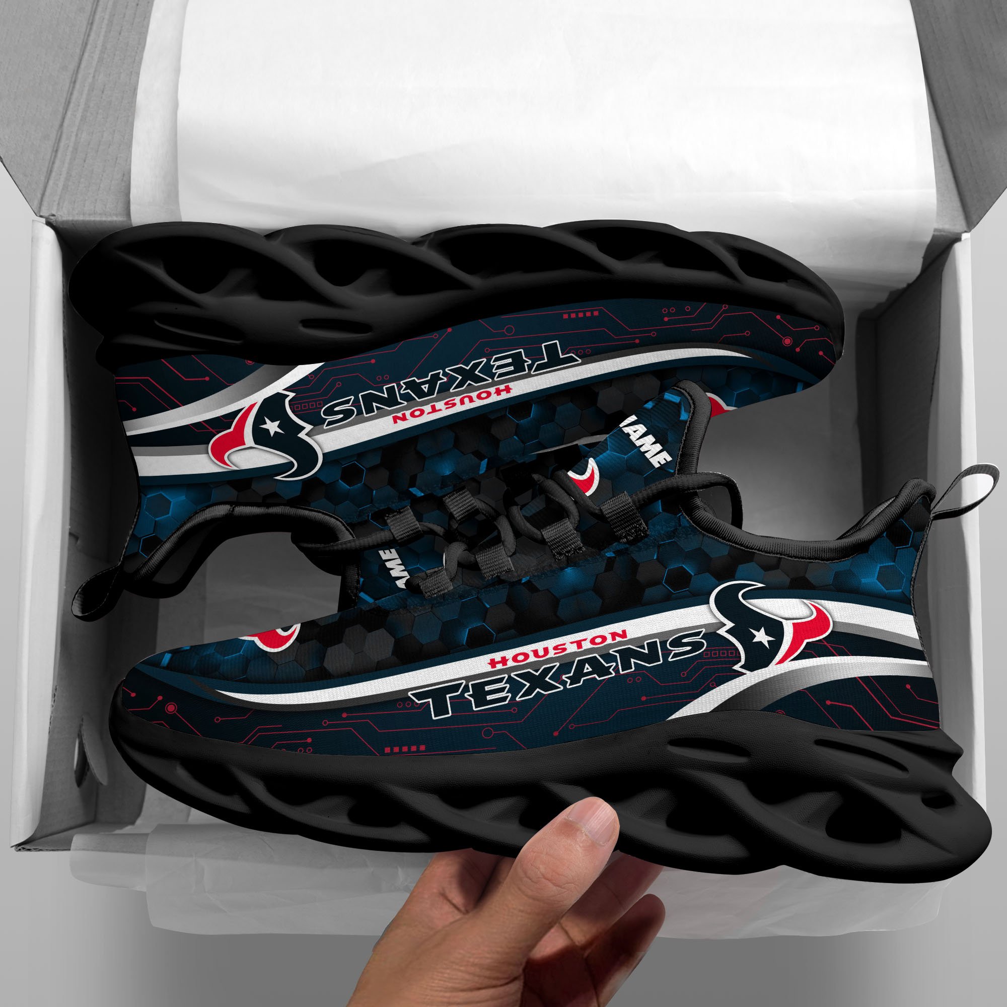 Houston Texans Black Clunky Sneakers Custom Name, Max Soul Shoes, Sport Gifts