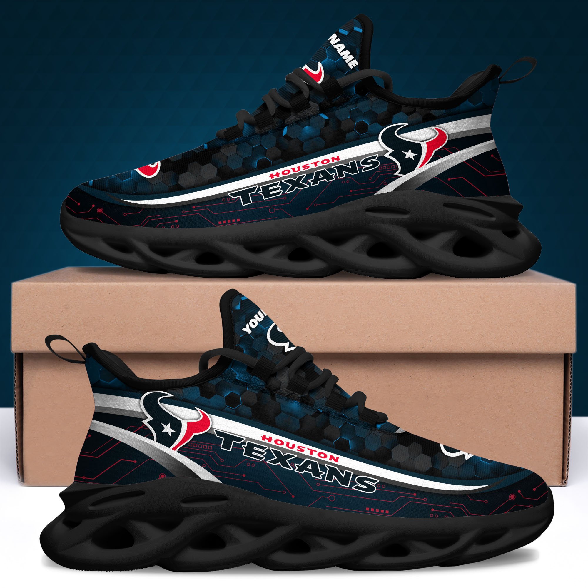 Houston Texans Black Clunky Sneakers Custom Name, Max Soul Shoes, Sport Gifts