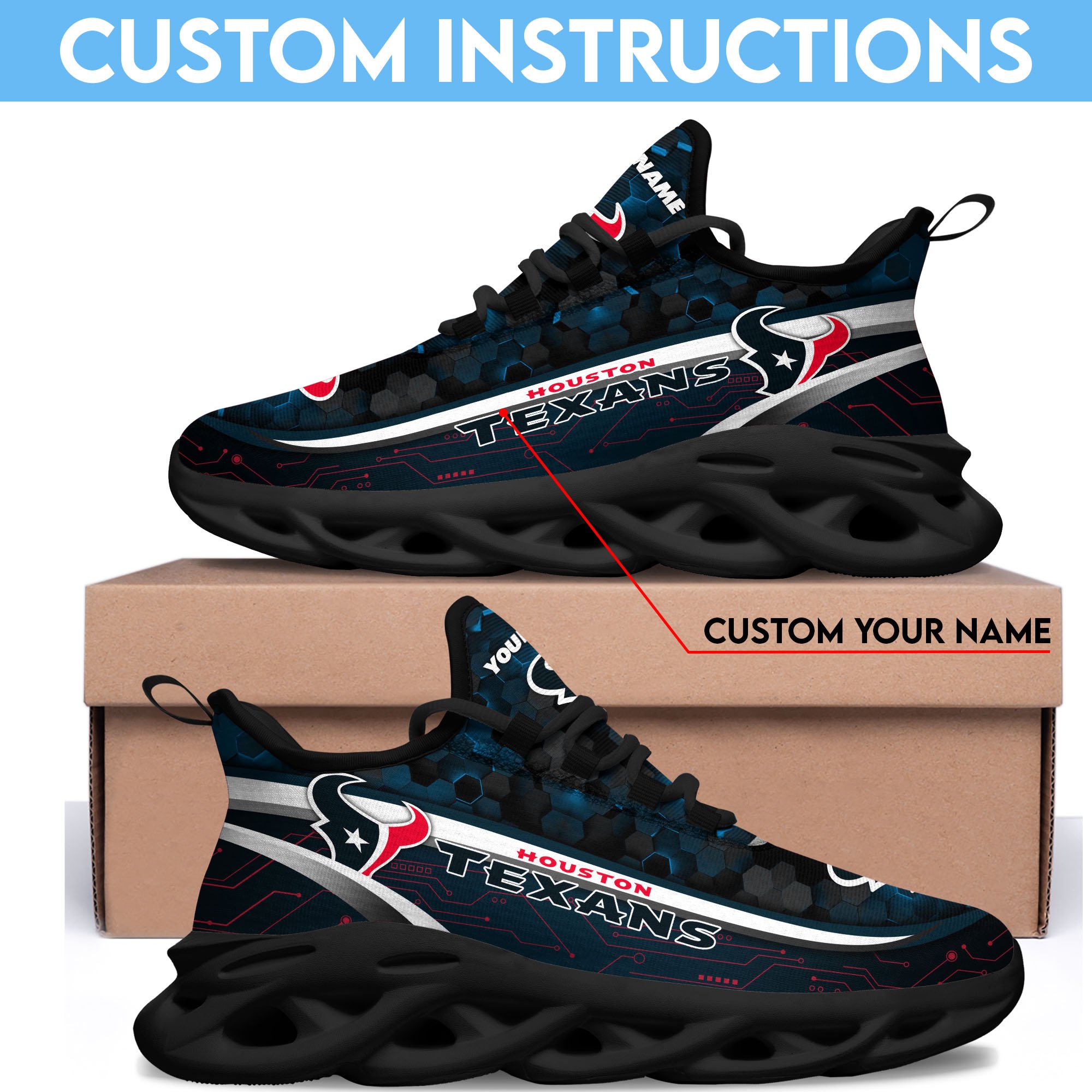 Houston Texans Black Clunky Sneakers Custom Name, Max Soul Shoes, Sport Gifts