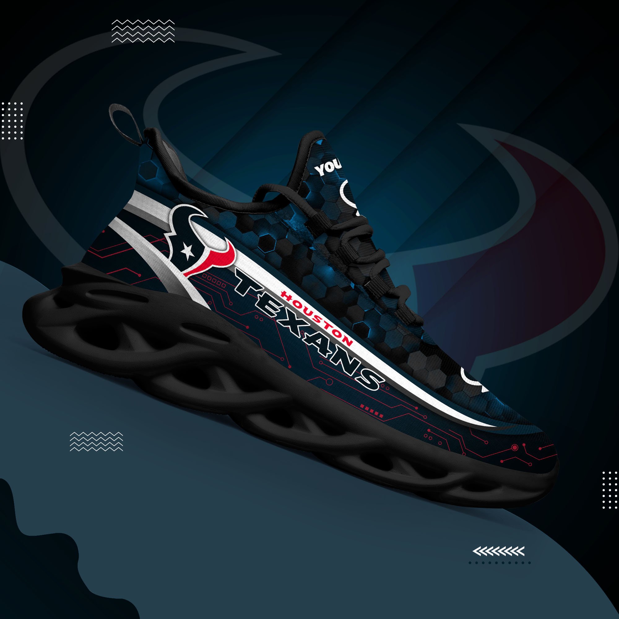 Houston Texans Black Clunky Sneakers Custom Name, Max Soul Shoes, Sport Gifts