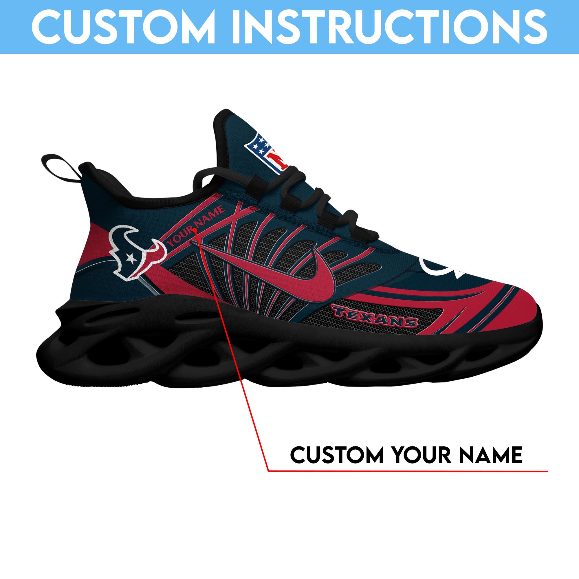 Houston Texans Black Max Soul Shoes 2026 Versions Custom Name 898