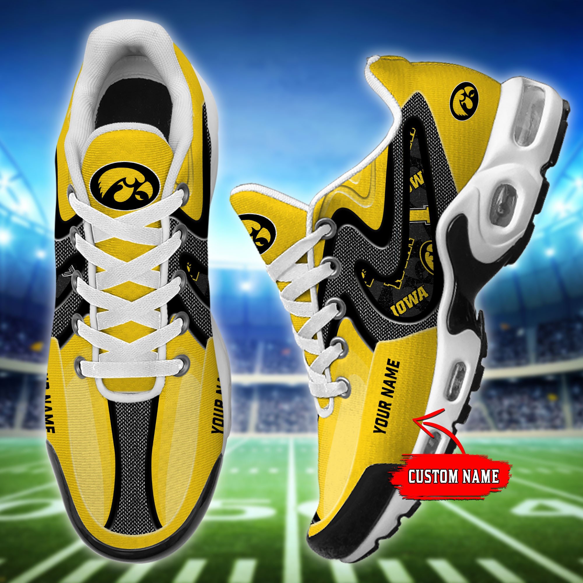 Iowa Hawkeyes Personalized Name Team Checkmark Logo Mix Colors Stitch Line TN Shoes Air Cushion Sneakers