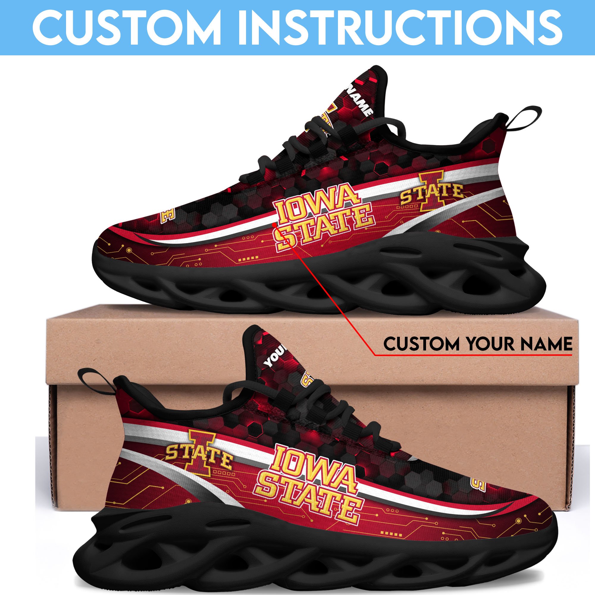 Iowa State Cyclones Black Clunky Sneakers Custom Name, Max Soul Shoes, Sport Gifts