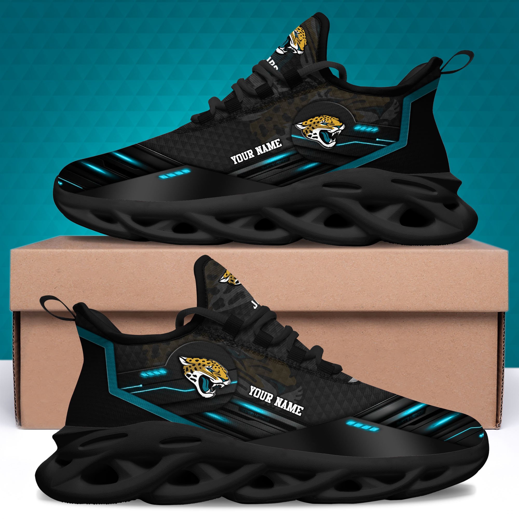 Jacksonville Jaguars Black Clunky Sneaker Custom Name, Max Soul Shoes, Sport Gifts For Fan