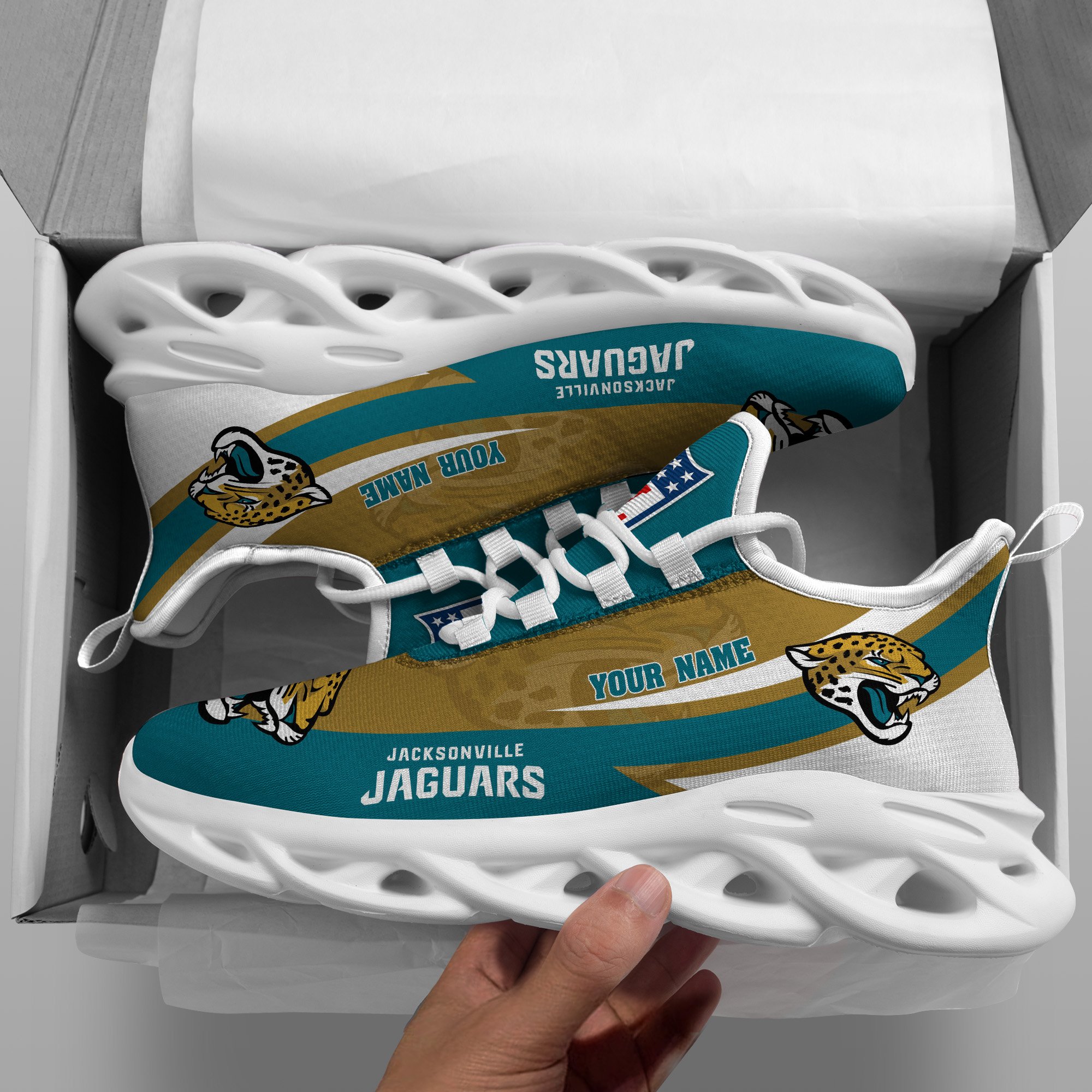 Jacksonville Jaguars White Max Soul Shoes 2026 Versions Custom Your Name, Sports Gift For Fan, Sport Gifts PH410