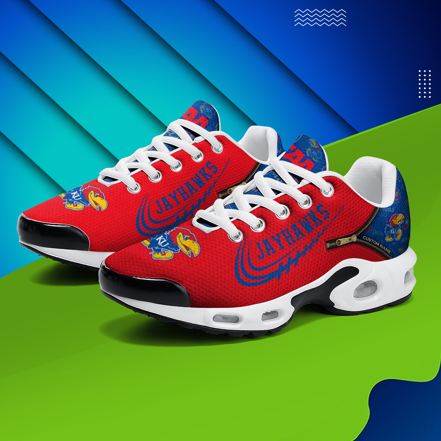 Kansas Jayhawks Personalized Name Team Logo Mix Colors Zipped Line TN Air Max Shoes Air Cushion Sneakers