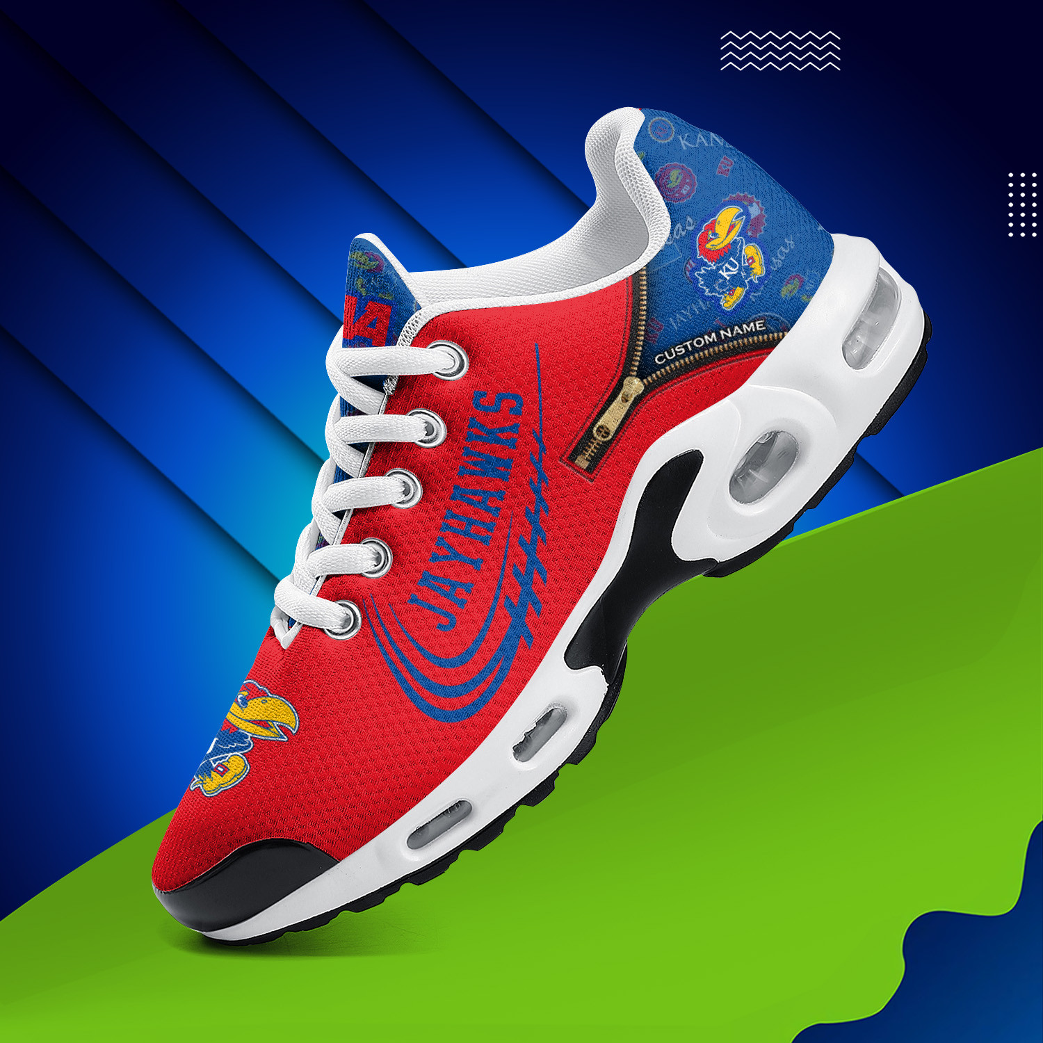 Kansas Jayhawks Personalized Name Team Logo Mix Colors Zipped Line TN Air Max Shoes Air Cushion Sneakers