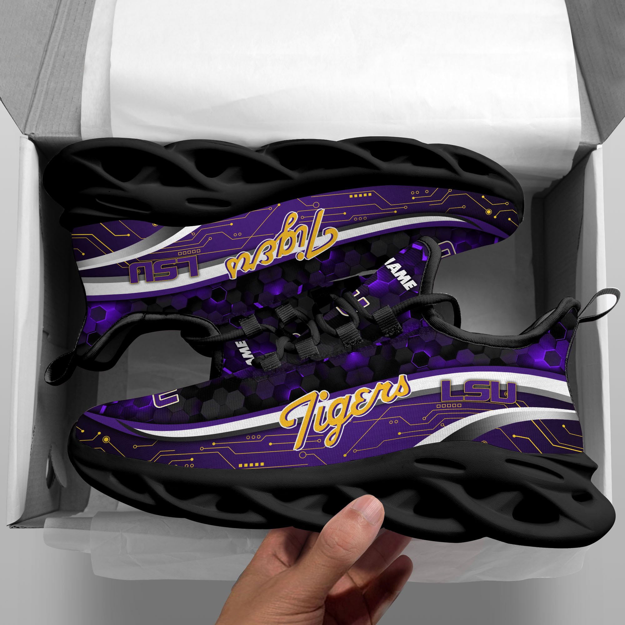 LSU TIGERS Black Clunky Sneakers Custom Name, Max Soul Shoes, Sport Gifts