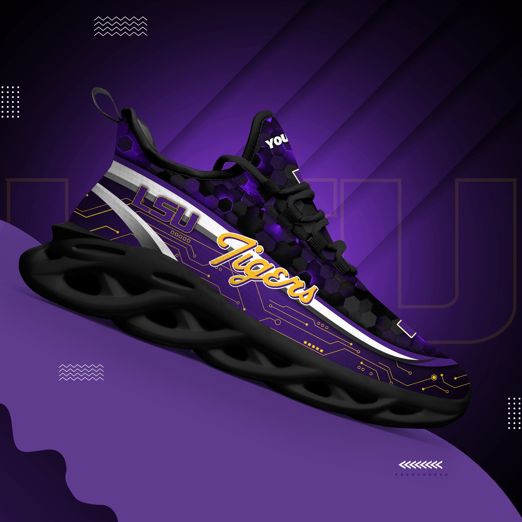 LSU TIGERS Black Clunky Sneakers Custom Name, Max Soul Shoes, Sport Gifts