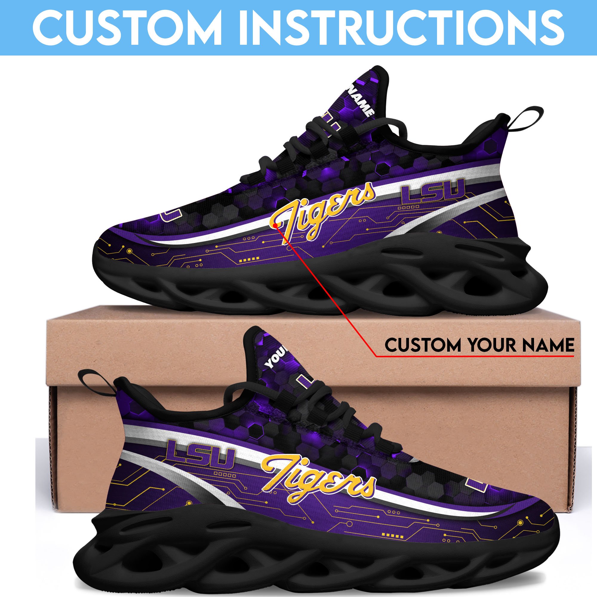 LSU TIGERS Black Clunky Sneakers Custom Name, Max Soul Shoes, Sport Gifts