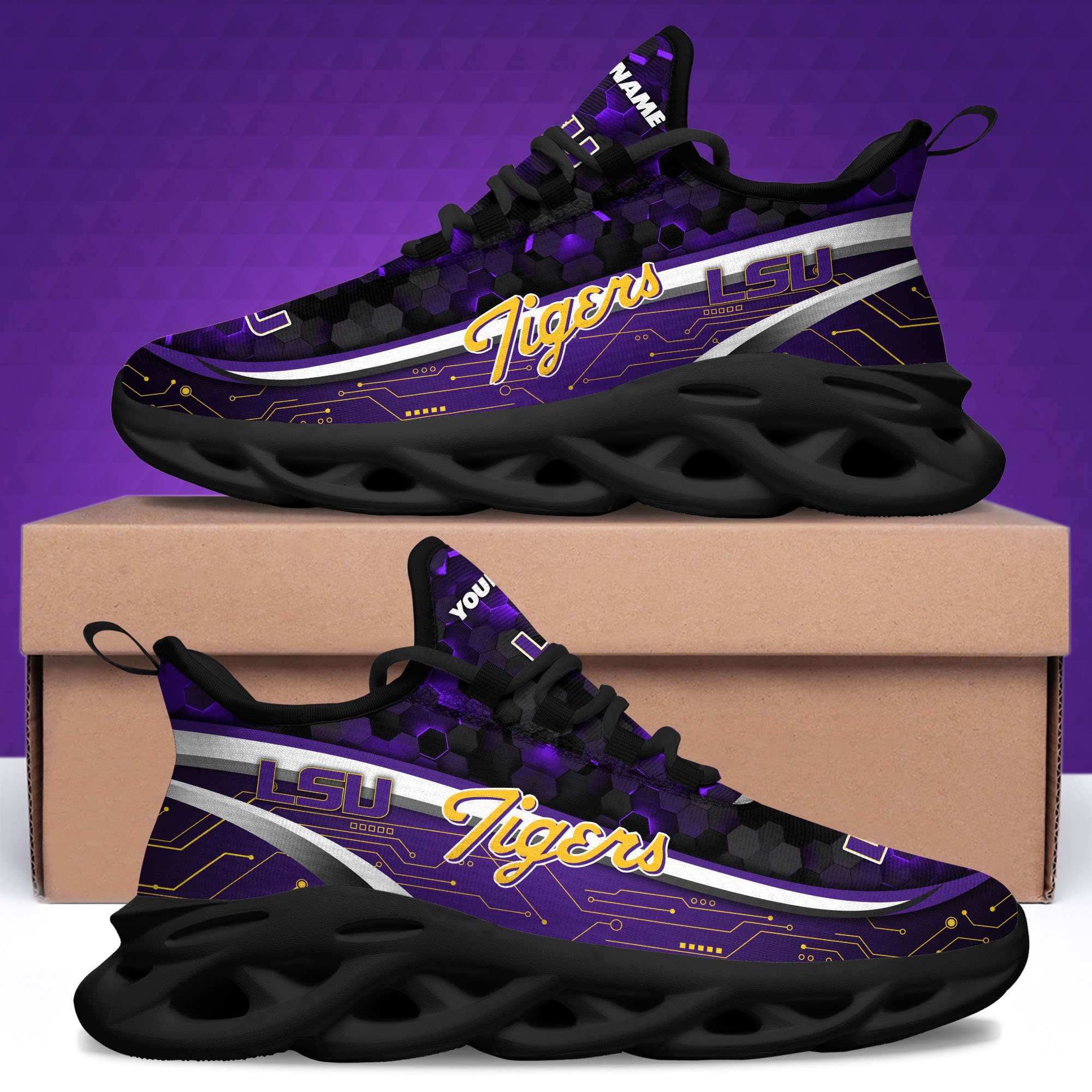 LSU TIGERS Black Clunky Sneakers Custom Name, Max Soul Shoes, Sport Gifts