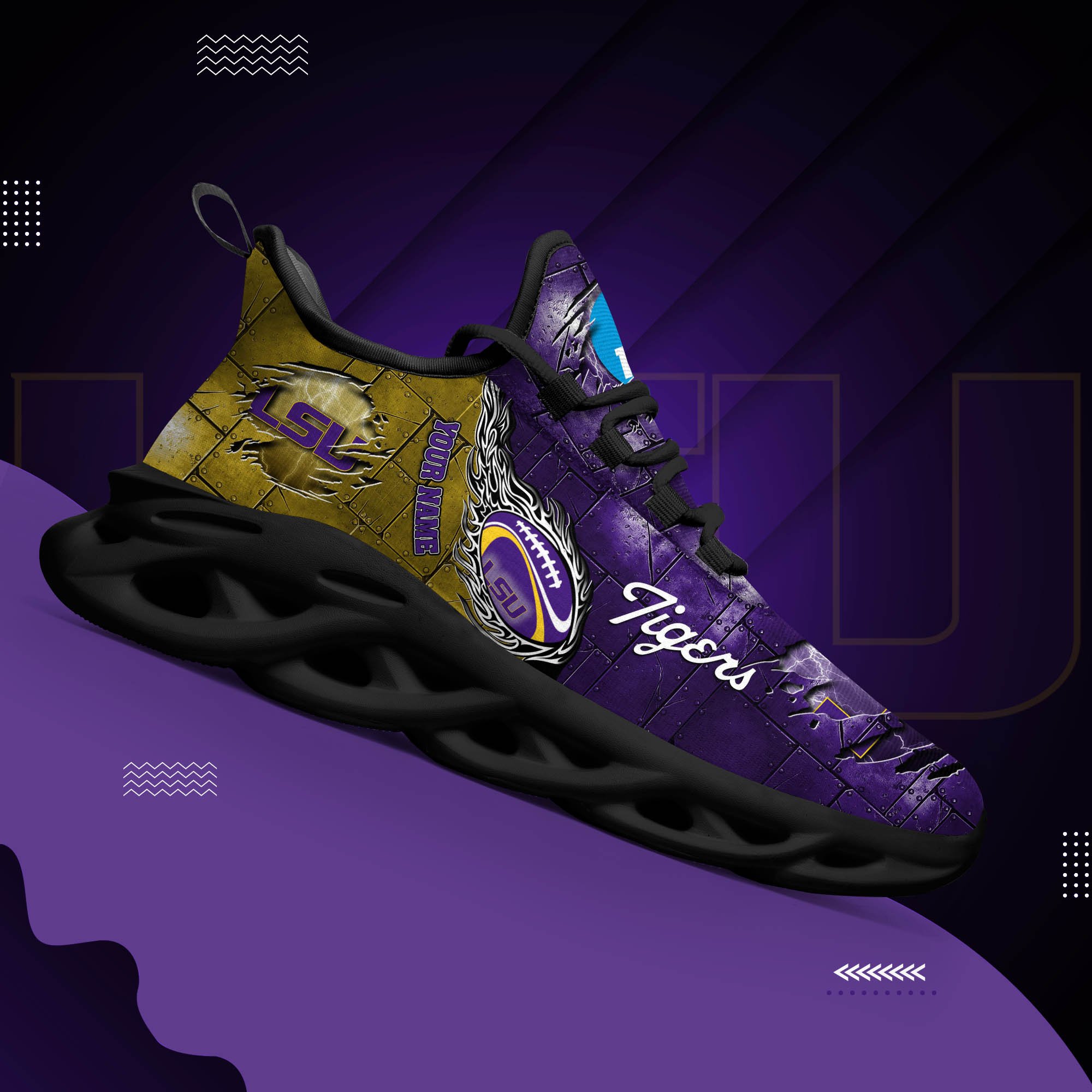 LSU TIGERS Black Max Soul Shoes 2026 Versions, White Max Soul Shoes Custom Your Name PH879