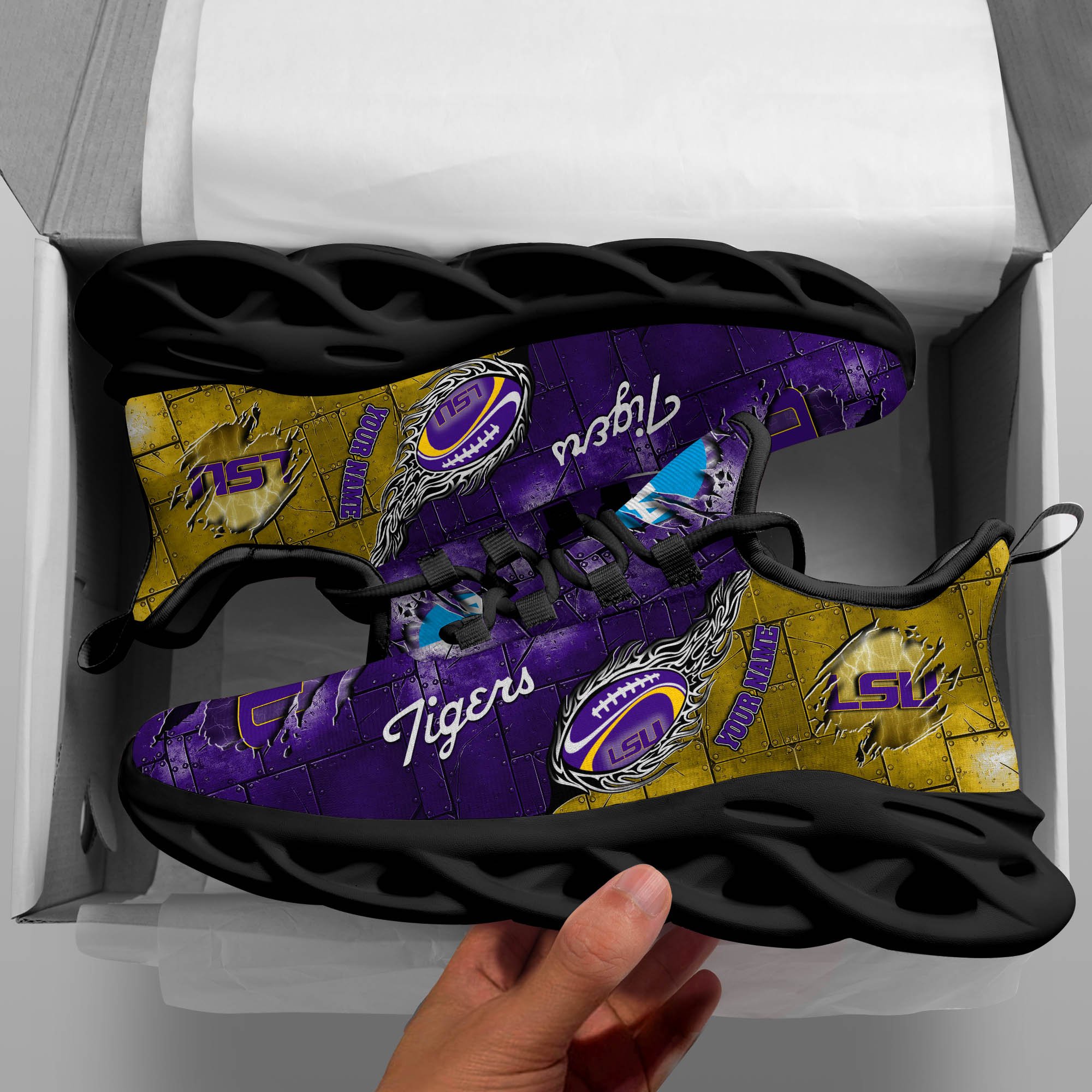 LSU TIGERS Black Max Soul Shoes 2026 Versions, White Max Soul Shoes Custom Your Name PH879