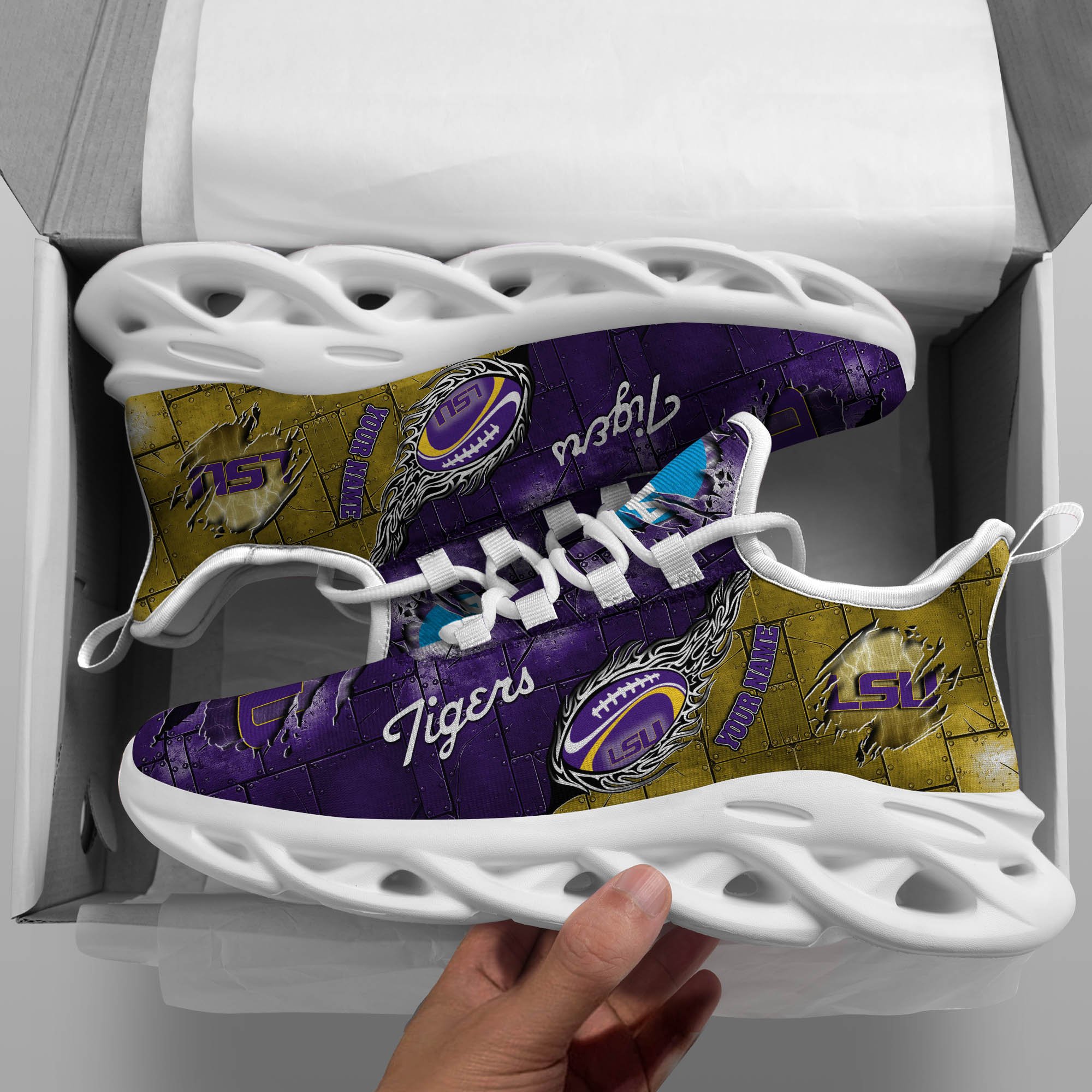 LSU TIGERS Black Max Soul Shoes 2026 Versions, White Max Soul Shoes Custom Your Name PH879