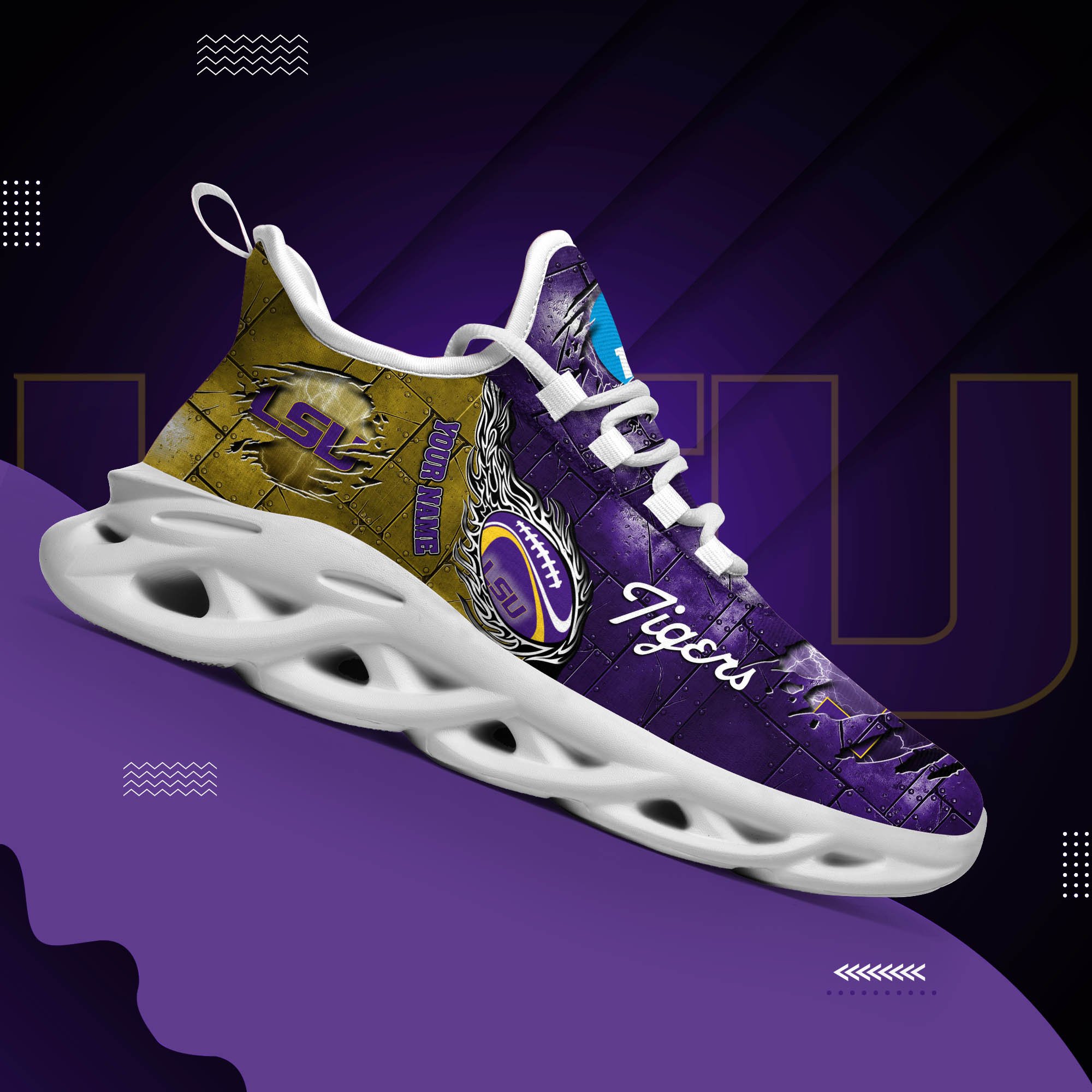 LSU TIGERS Black Max Soul Shoes 2026 Versions, White Max Soul Shoes Custom Your Name PH879
