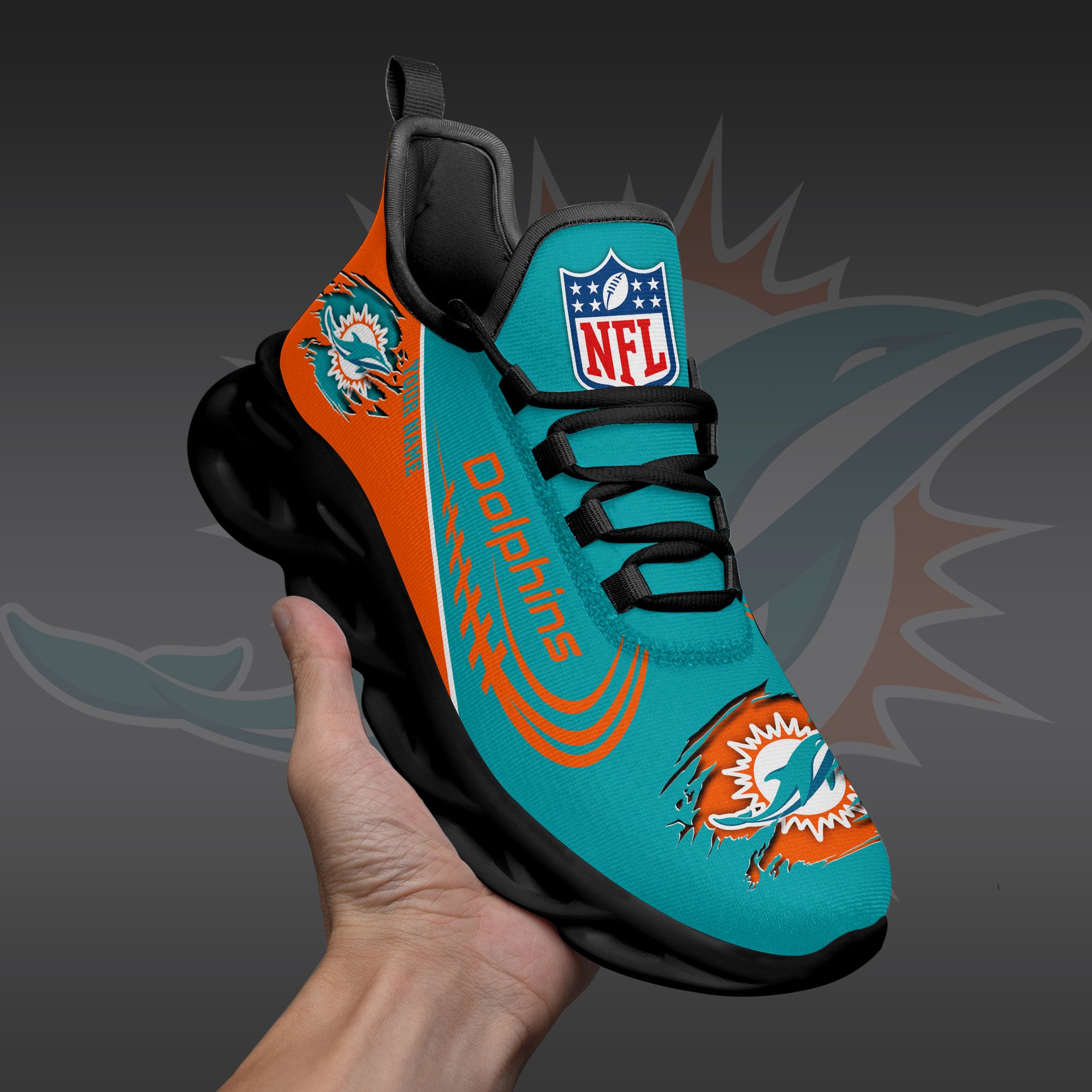 Miami Dolphins Black Max Soul Shoes 2026 Versions Custom Name 003