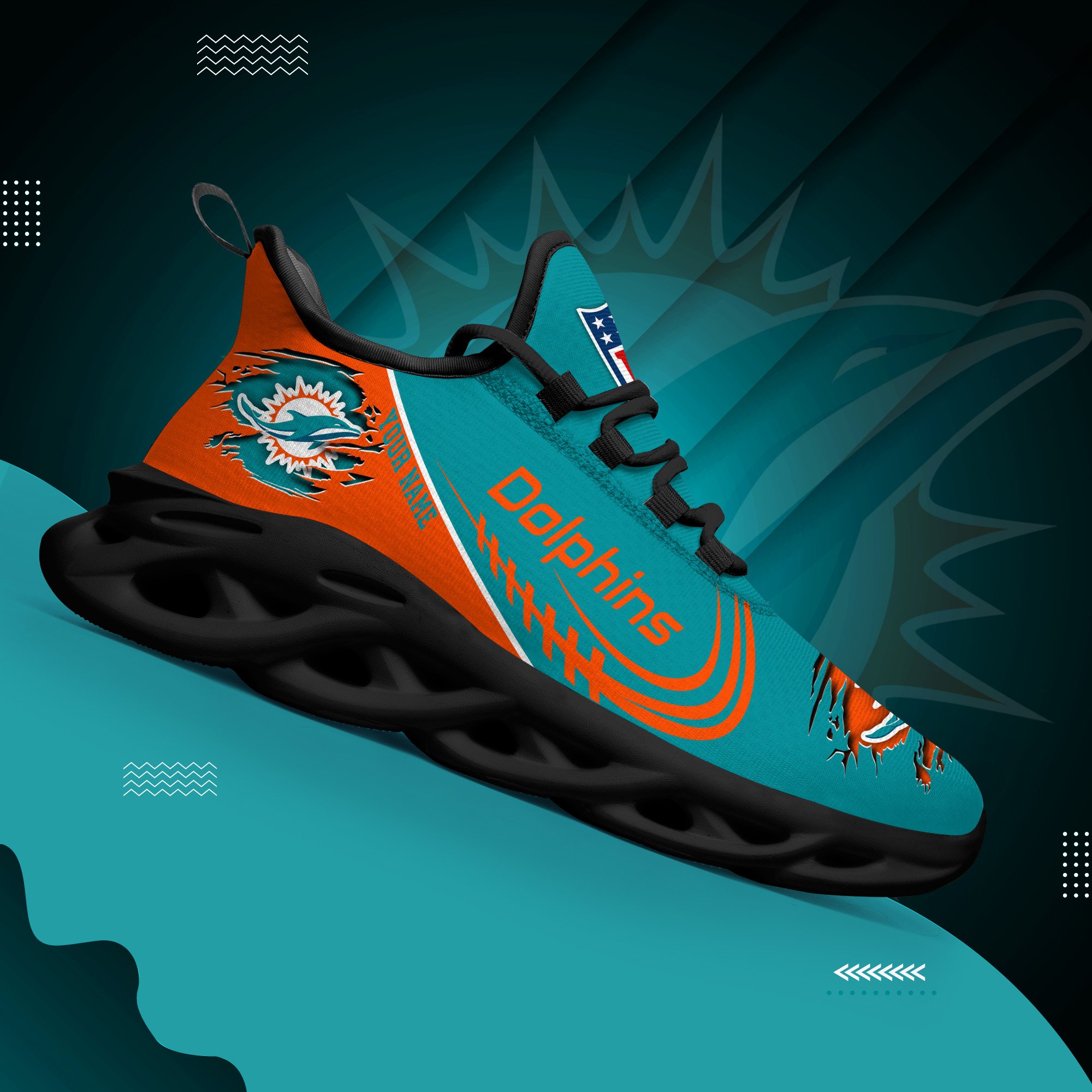 Miami Dolphins Black Max Soul Shoes 2026 Versions Custom Name 003