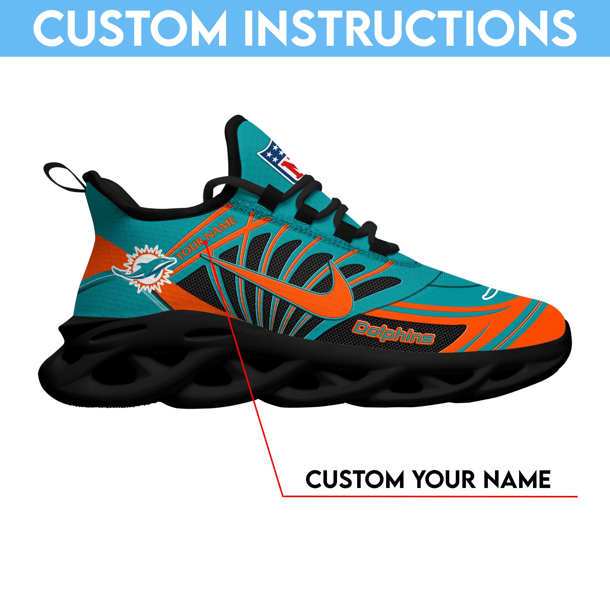 Miami Dolphins Black Max Soul Shoes 2026 Versions Custom Name 898