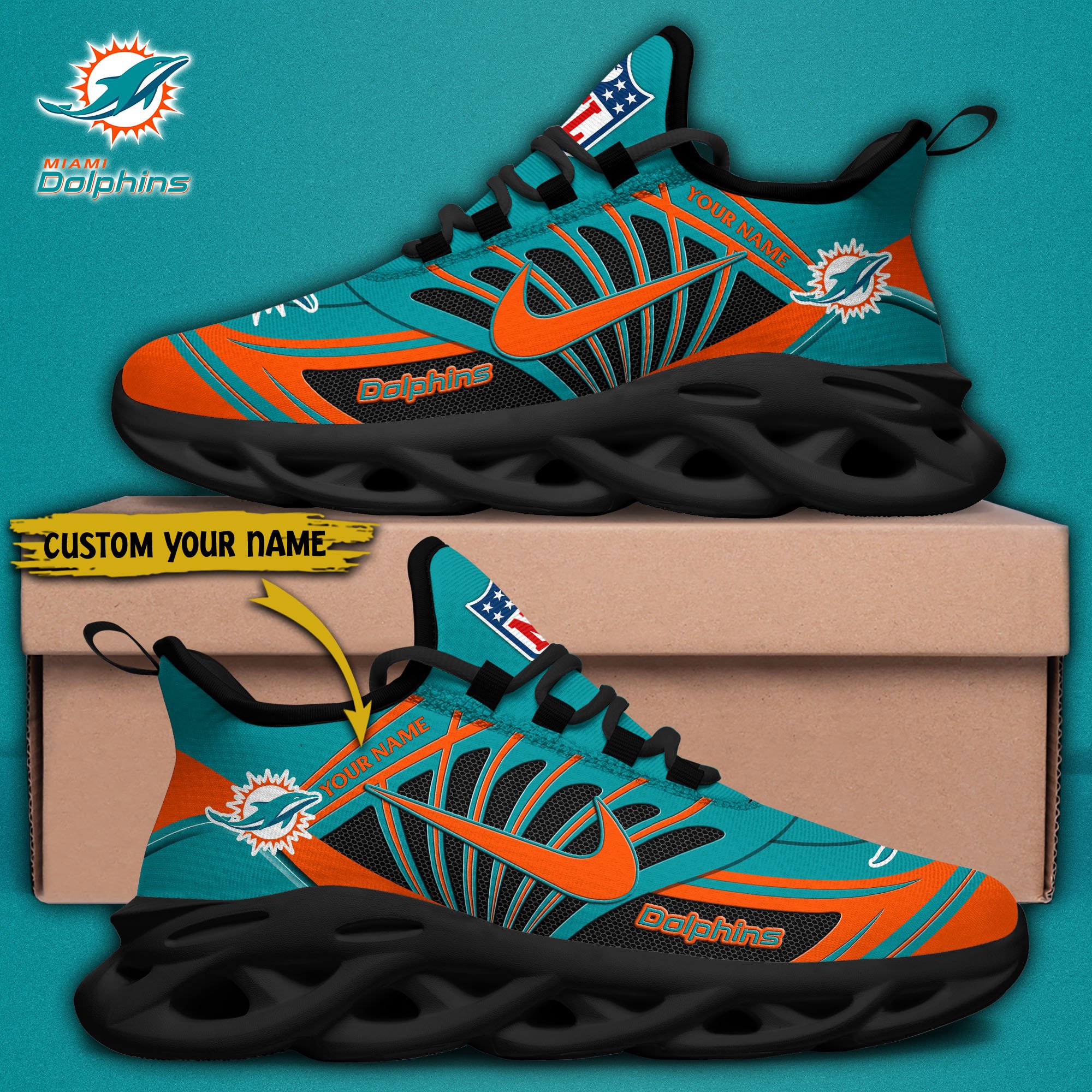 Miami Dolphins Black Max Soul Shoes 2026 Versions Custom Name 898